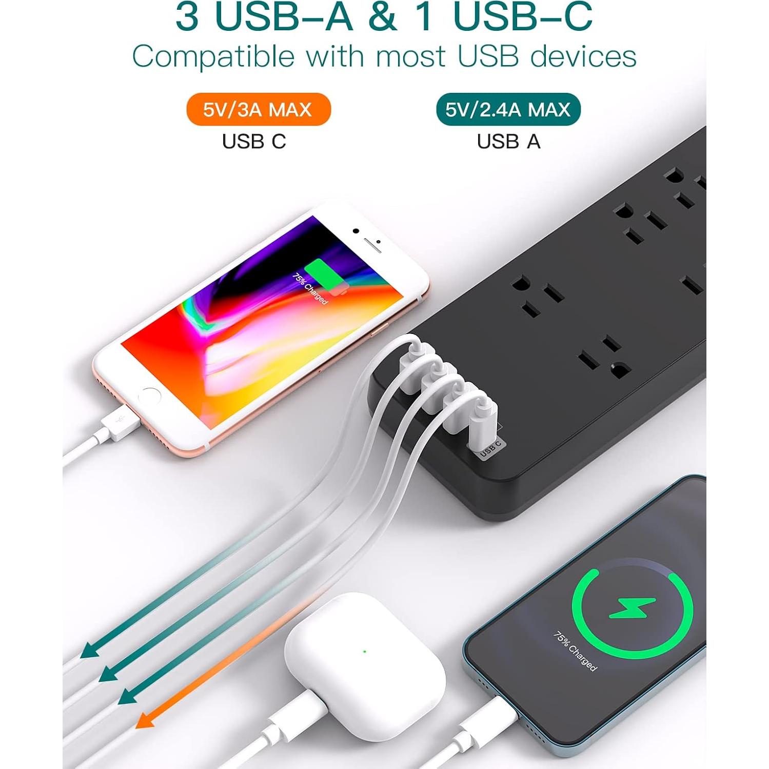 Regleta de Energía Addtam 10 Salidas AC 4 USB 1.83m Negro