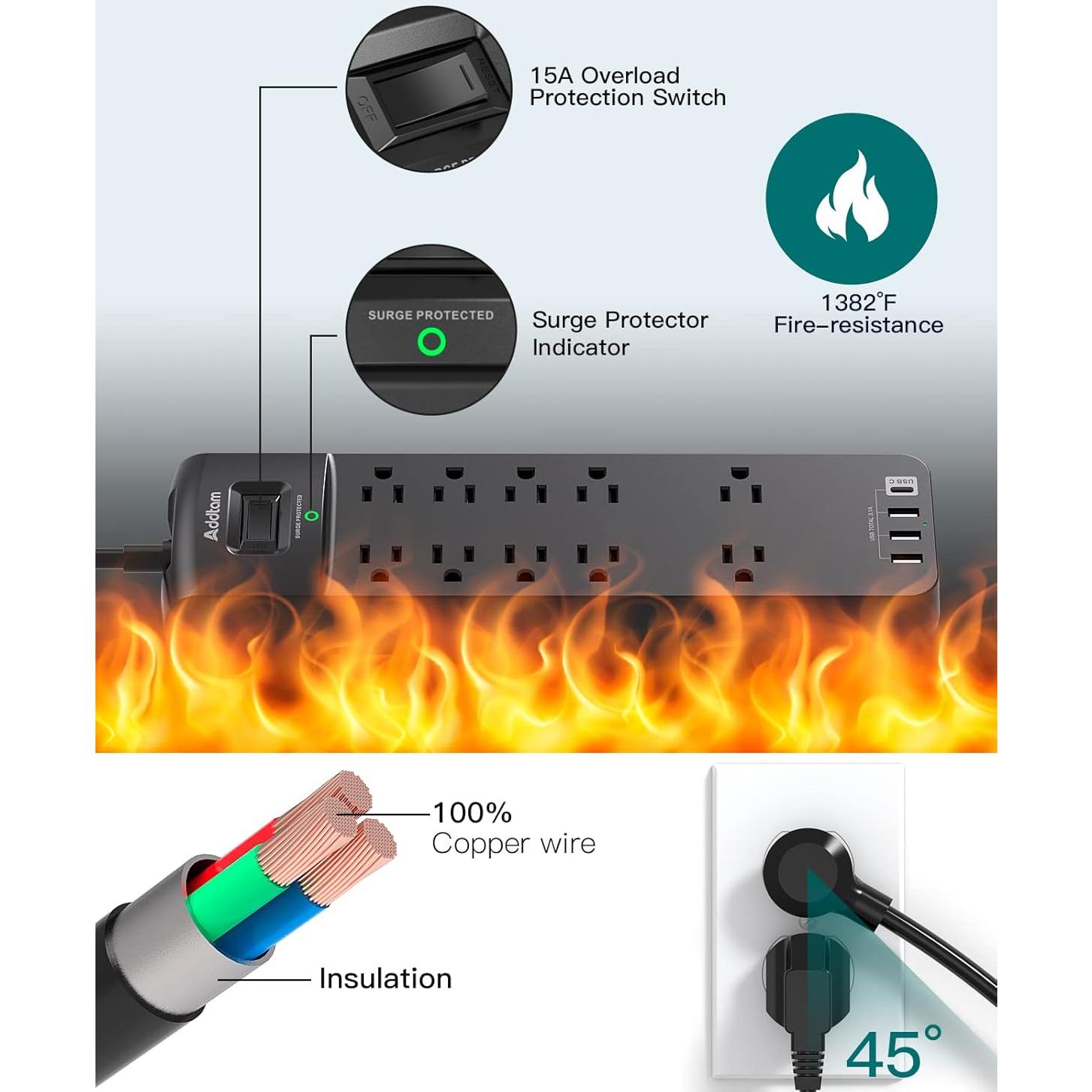 Regleta de Energía Addtam 10 Salidas AC 4 USB 1.83m Negro