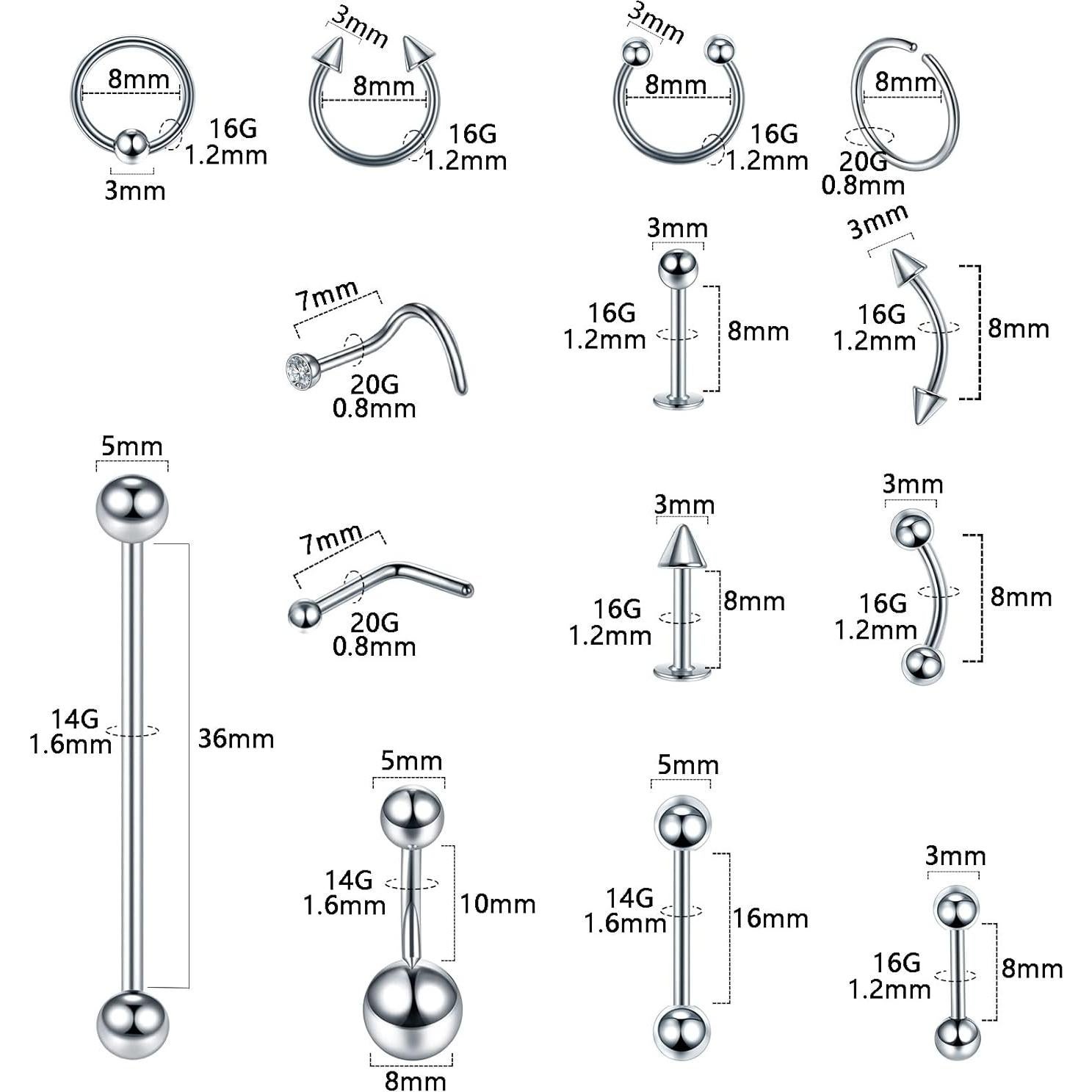 Kit de Piercing Corporal 120PCS Acero Quirúrgico Hipoalergénico