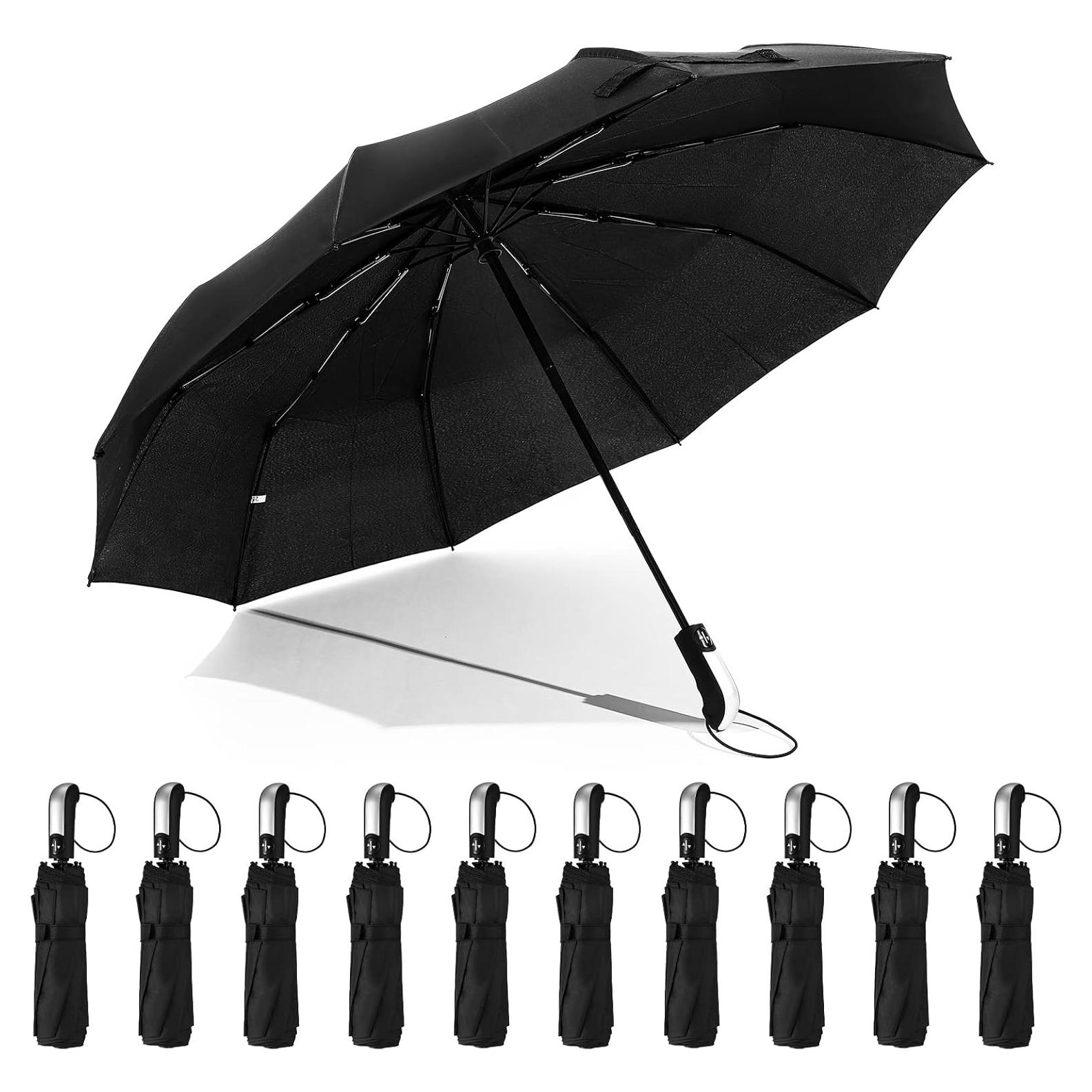 Paquete de 10 Paraguas Plegables LEIFIDE Automáticos Negros