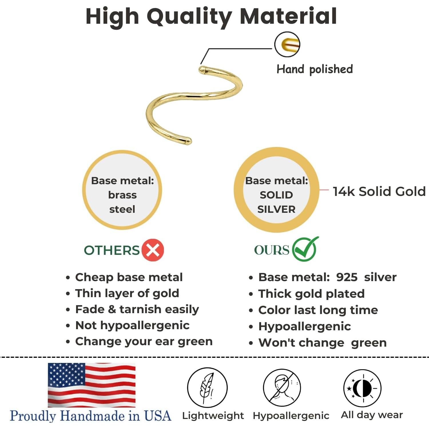 Anillos de Nariz de Oro 14K LuckyJewus 8mm 22G - 3 Piezas