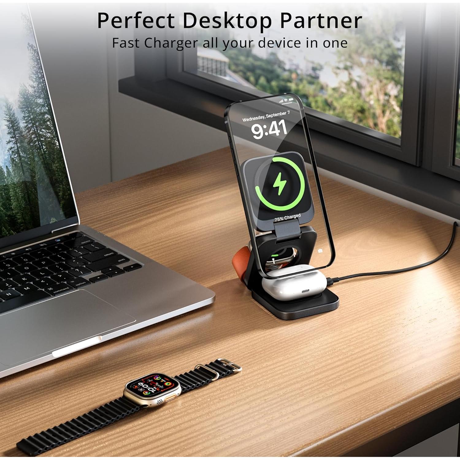 Cargador Inalámbrico 3 en 1 LULULOOK 15W para iPhone y Apple Watch