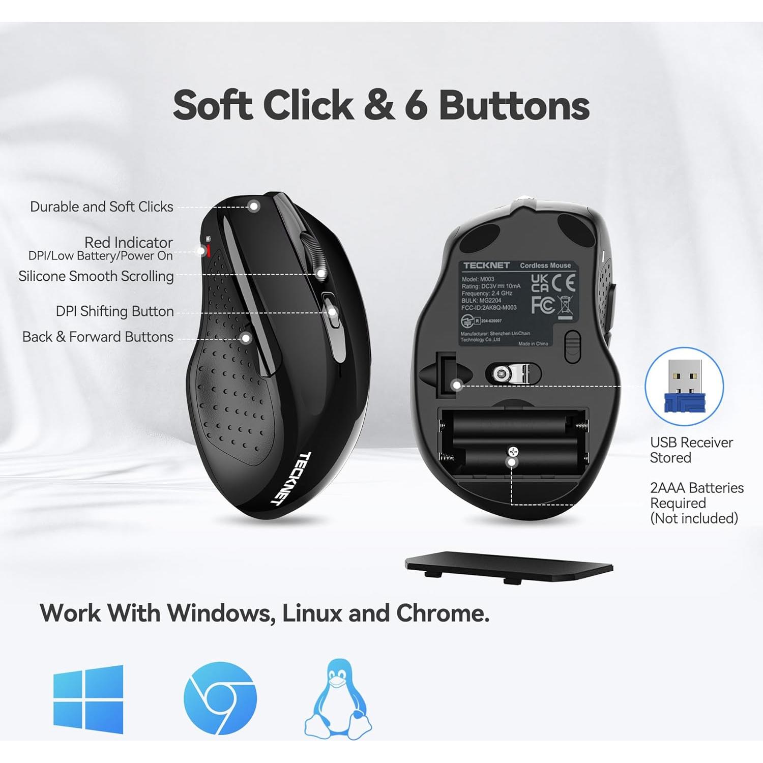 Ratón Inalámbrico Silencioso TECKNET 2.4G 6 DPI Ajustables Negro