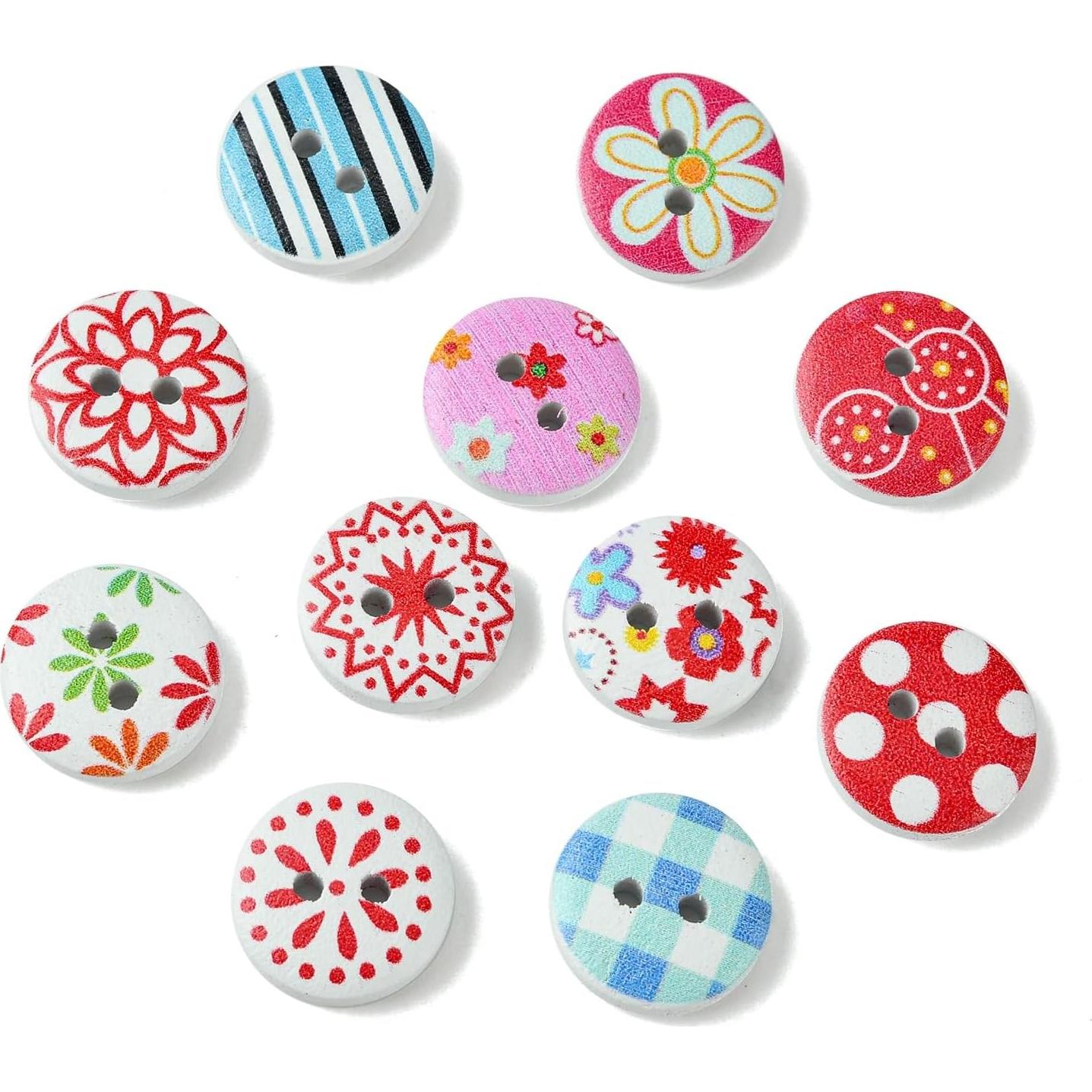 KitBeads 200 Botones de Madera 15mm 2 Agujeros Coloridos