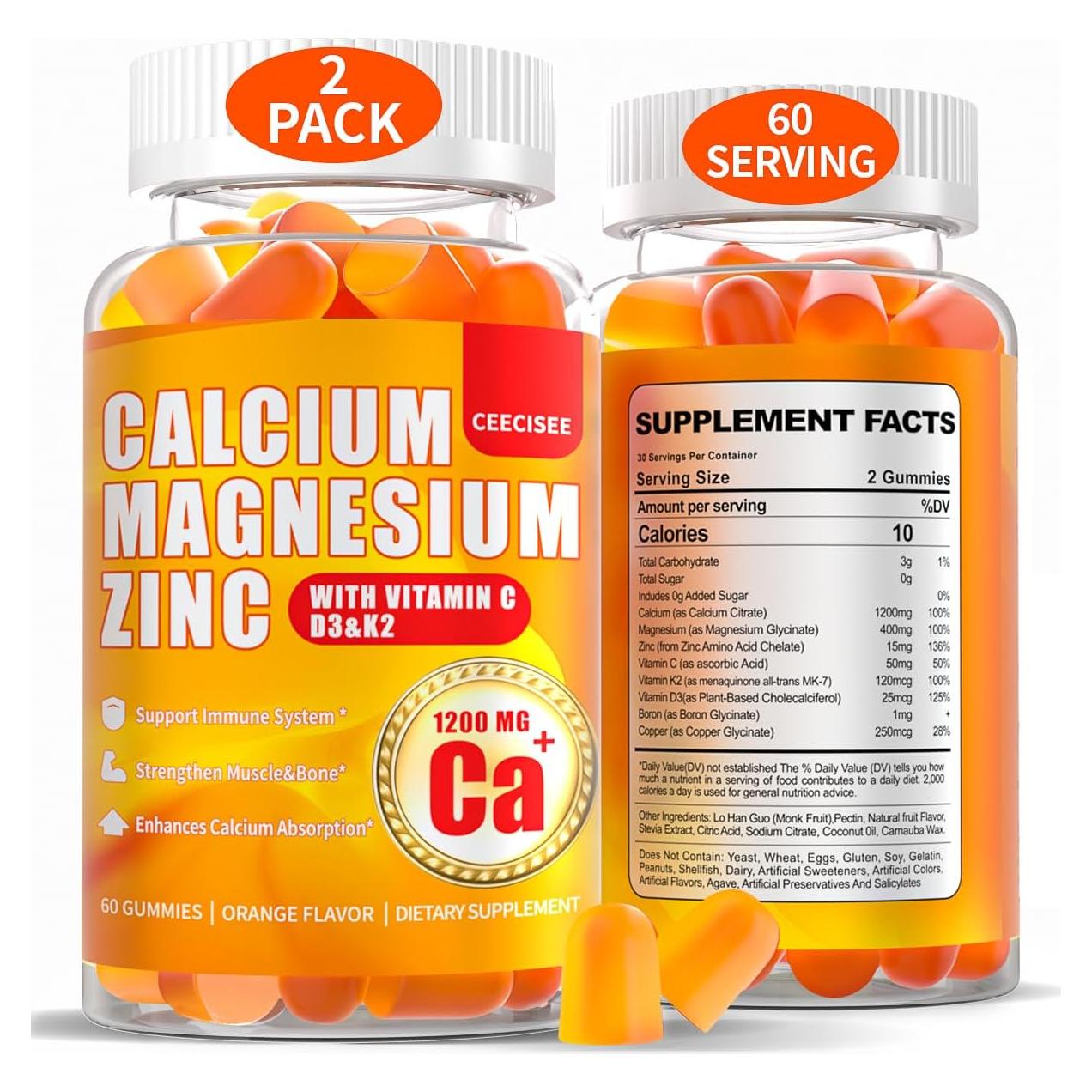 Gomitas Veganas de Calcio, Magnesio y Zinc Ceecisee 120 Unidades