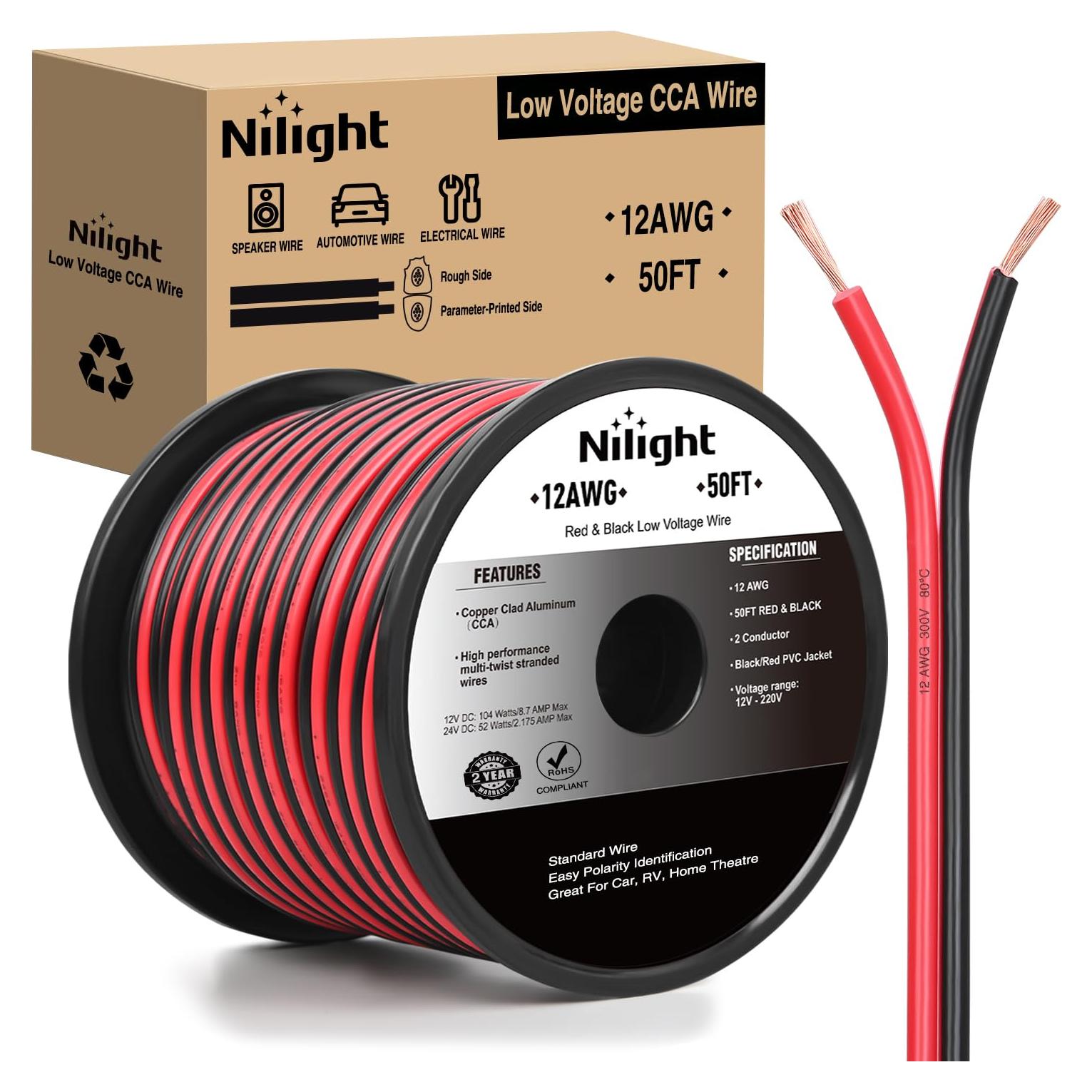 Cable Eléctrico 12AWG Nilight 15.24M CCA Rojo Negro 12V/24V