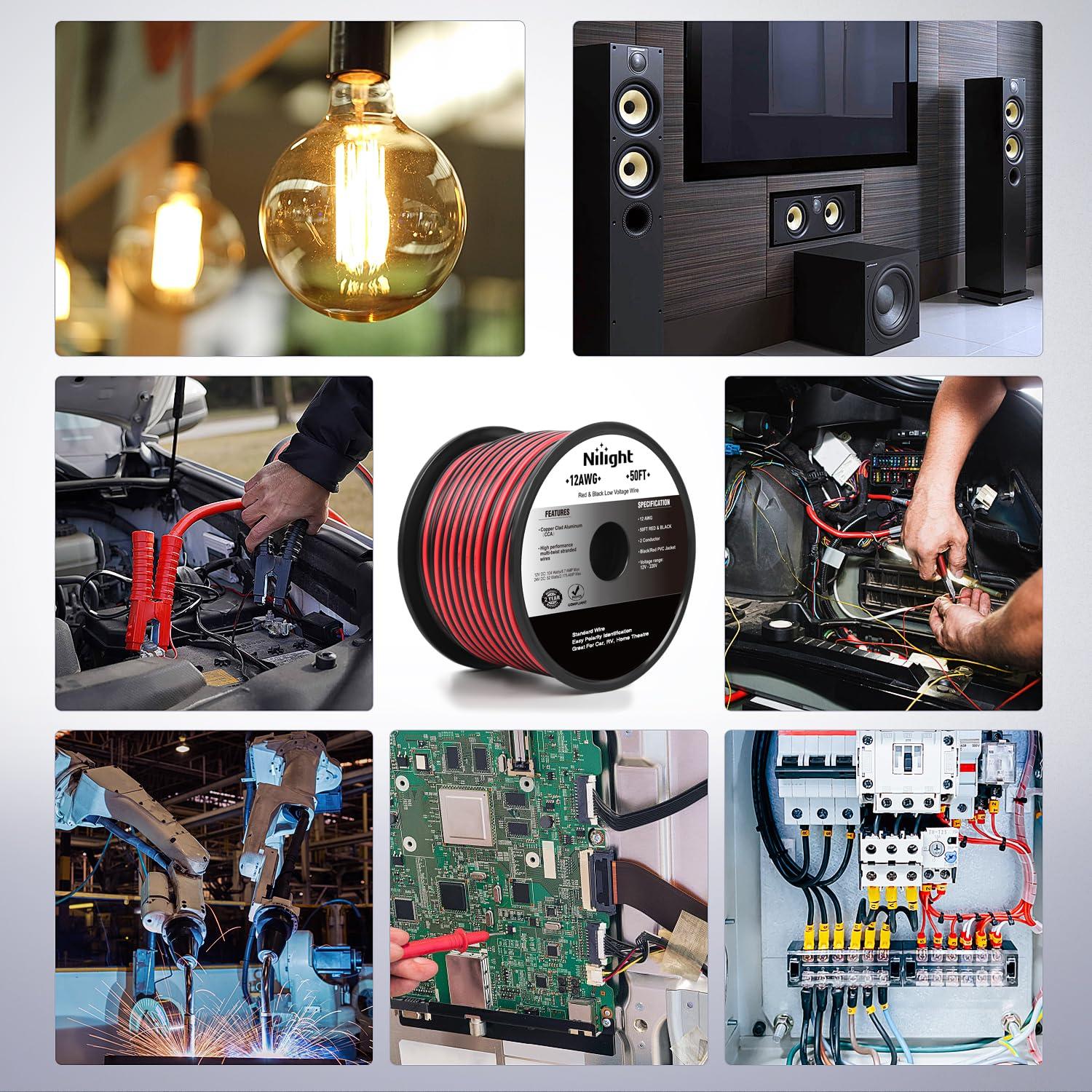 Cable Eléctrico 12AWG Nilight 15.24M CCA Rojo Negro 12V/24V