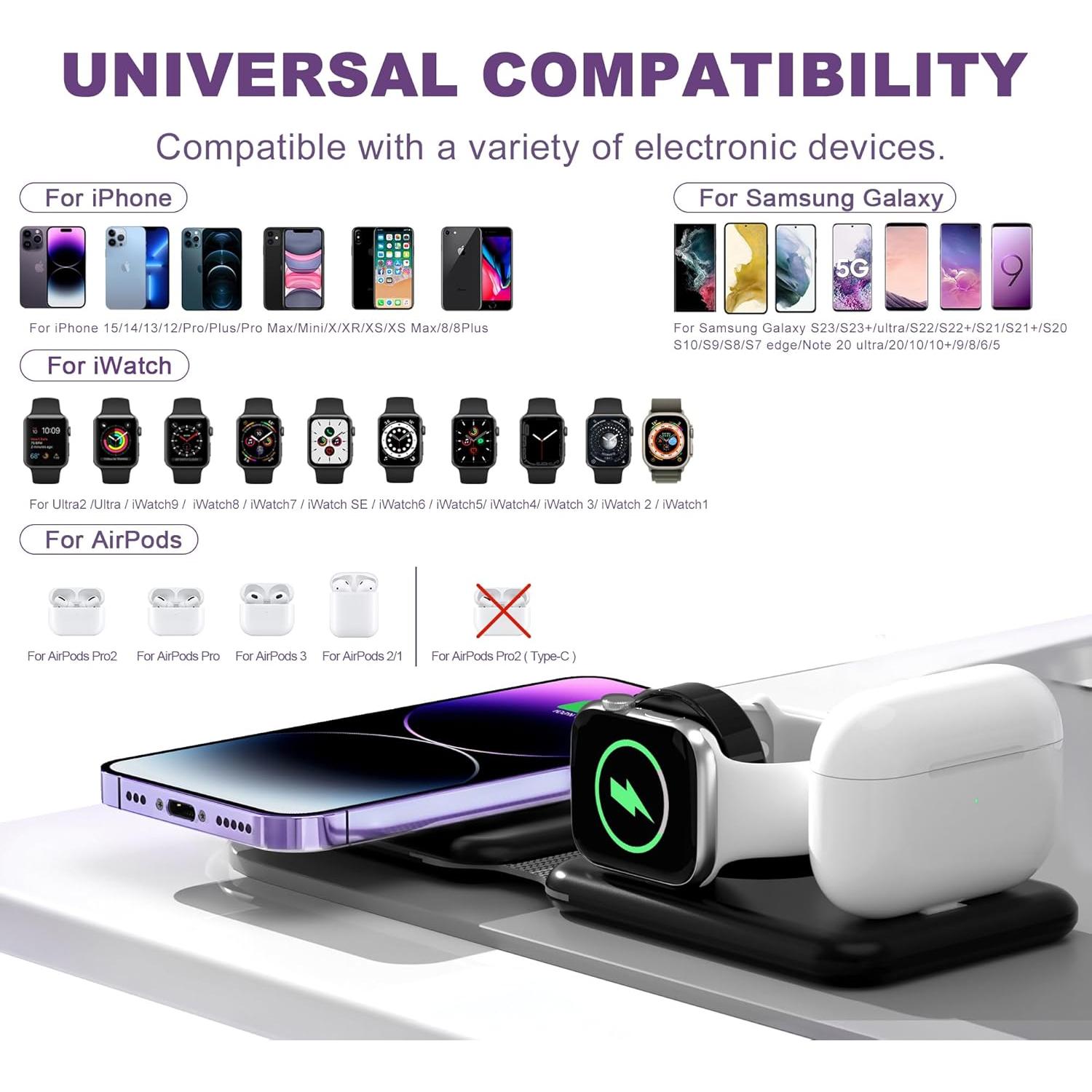 Cargador Inalámbrico 3 en 1 JingLang Base Rápida Negro