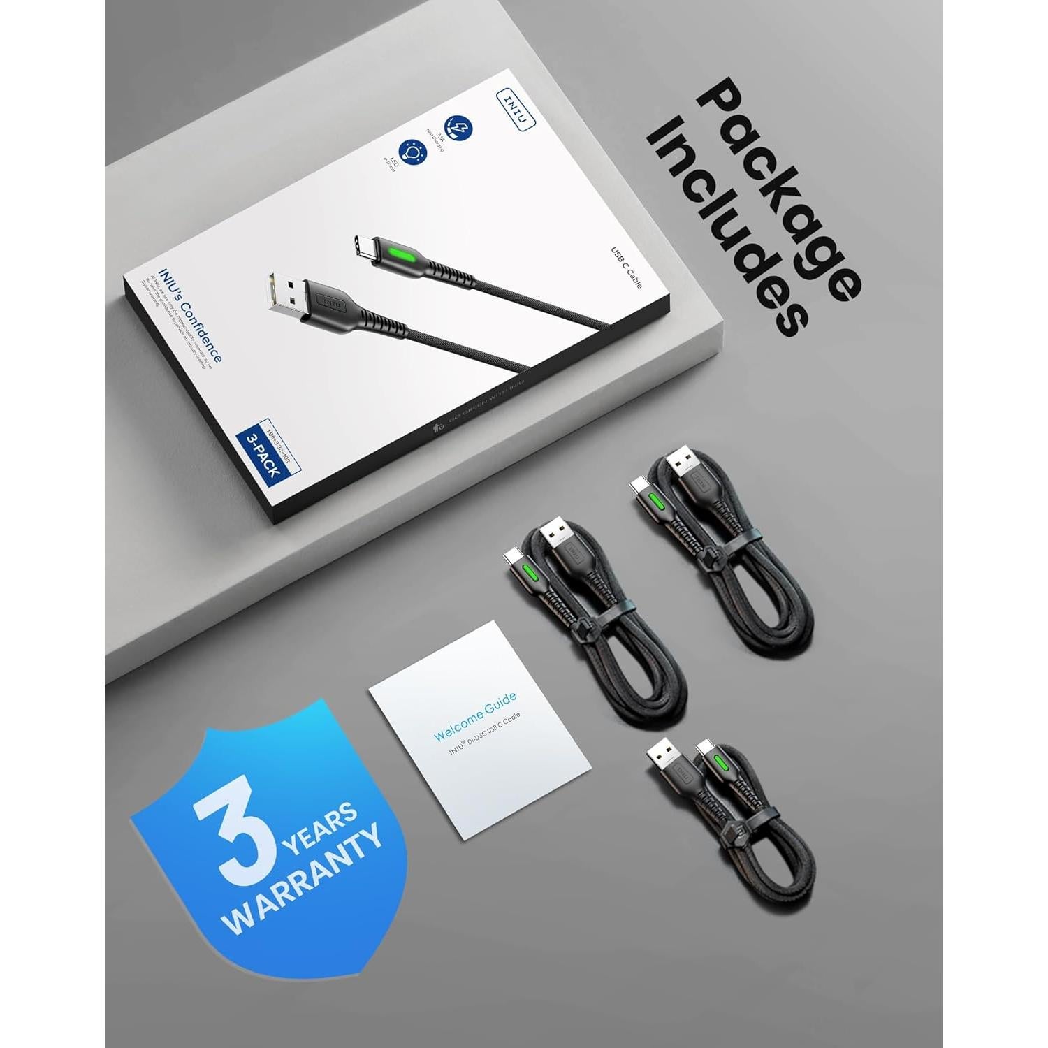 Cable USB C INIU 3 Paquetes (0.5m y 2m) Carga Rápida 3.1A