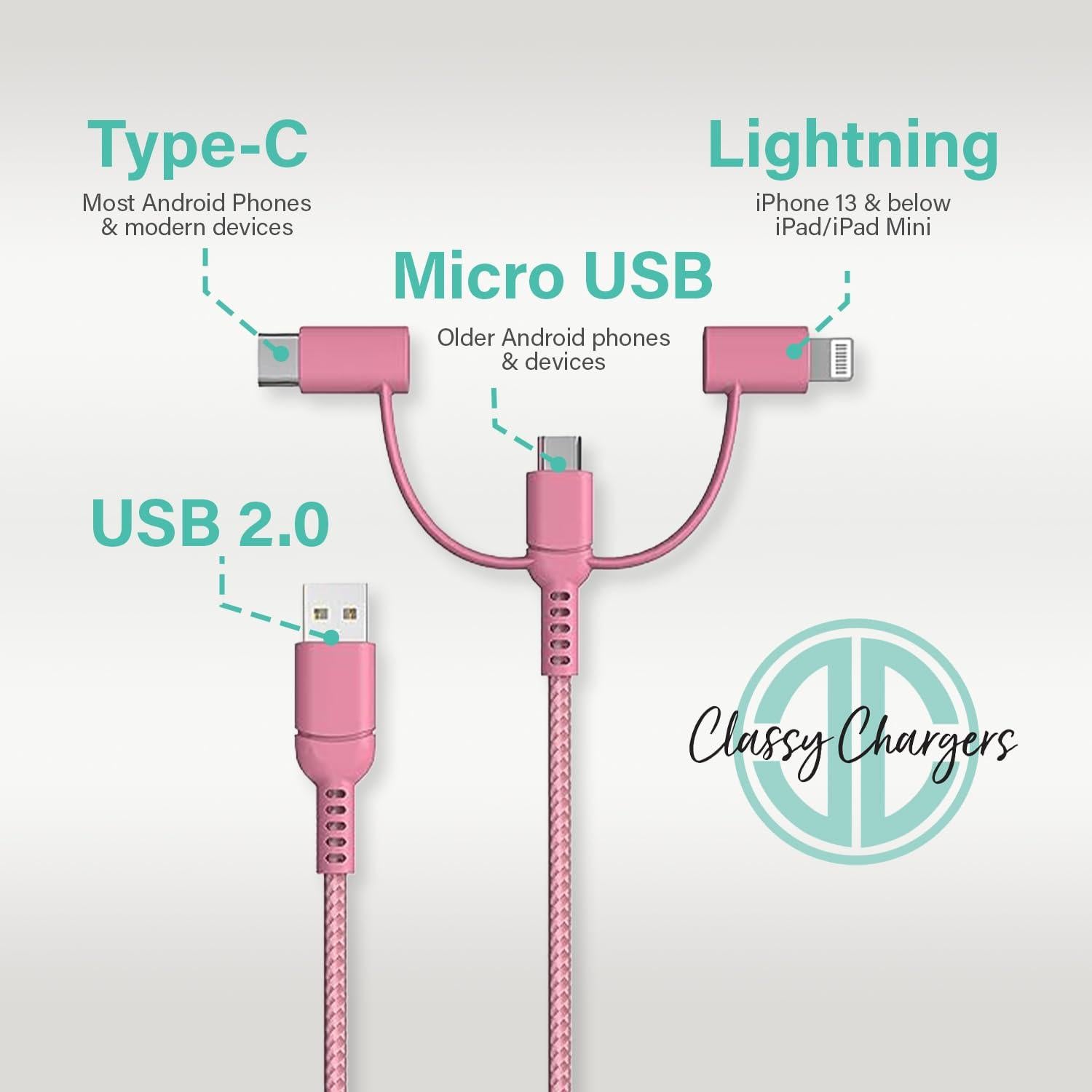 Cable Cargador Universal 3-en-1 Cargadores Elegantes CC Rosa