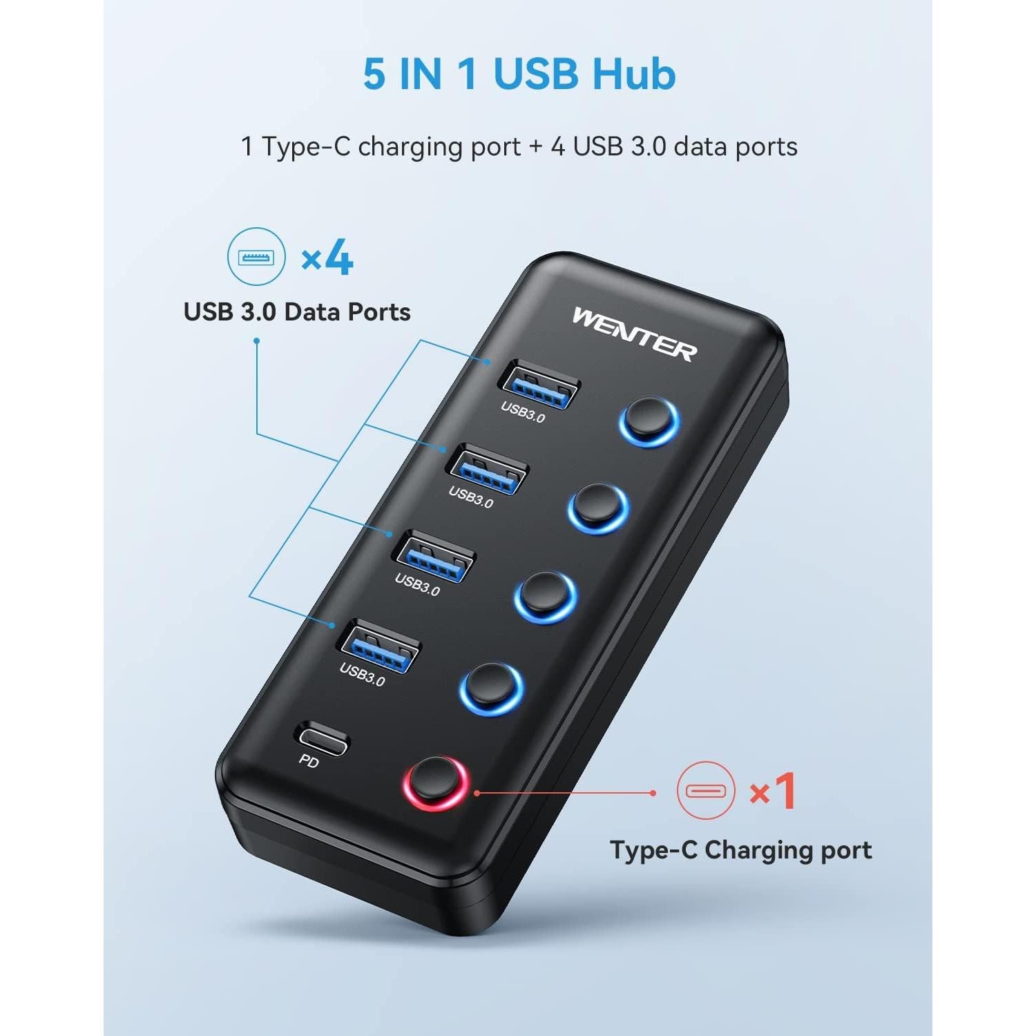 Hub USB 3.0 Alimentado Wenter U4+1 con Carga Tipo-C