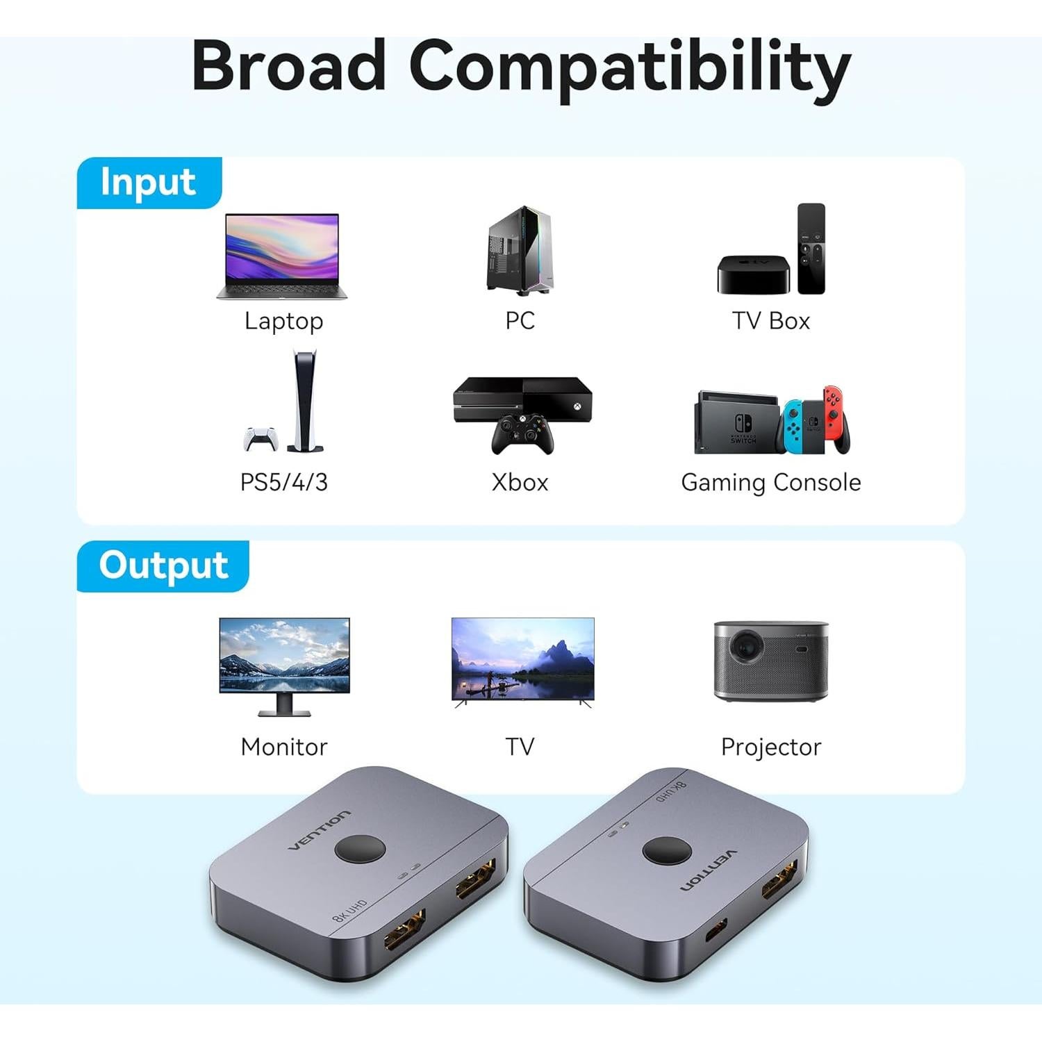 Switch HDMI 2 en 1 VENTION 8K 4K 120Hz con LED