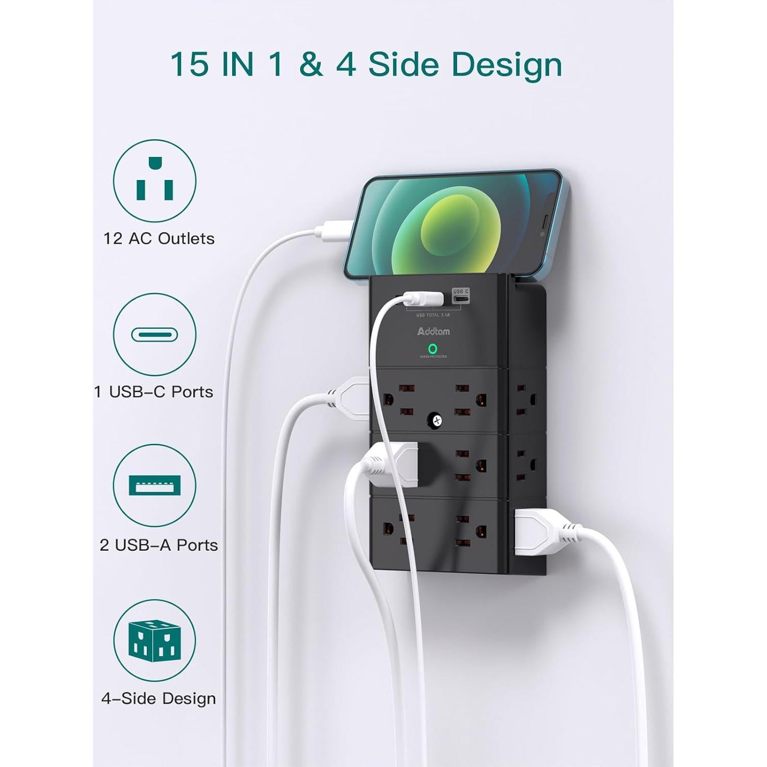 Multi Enchufe Protector de Sobretensión Addtam 12 Salidas USB