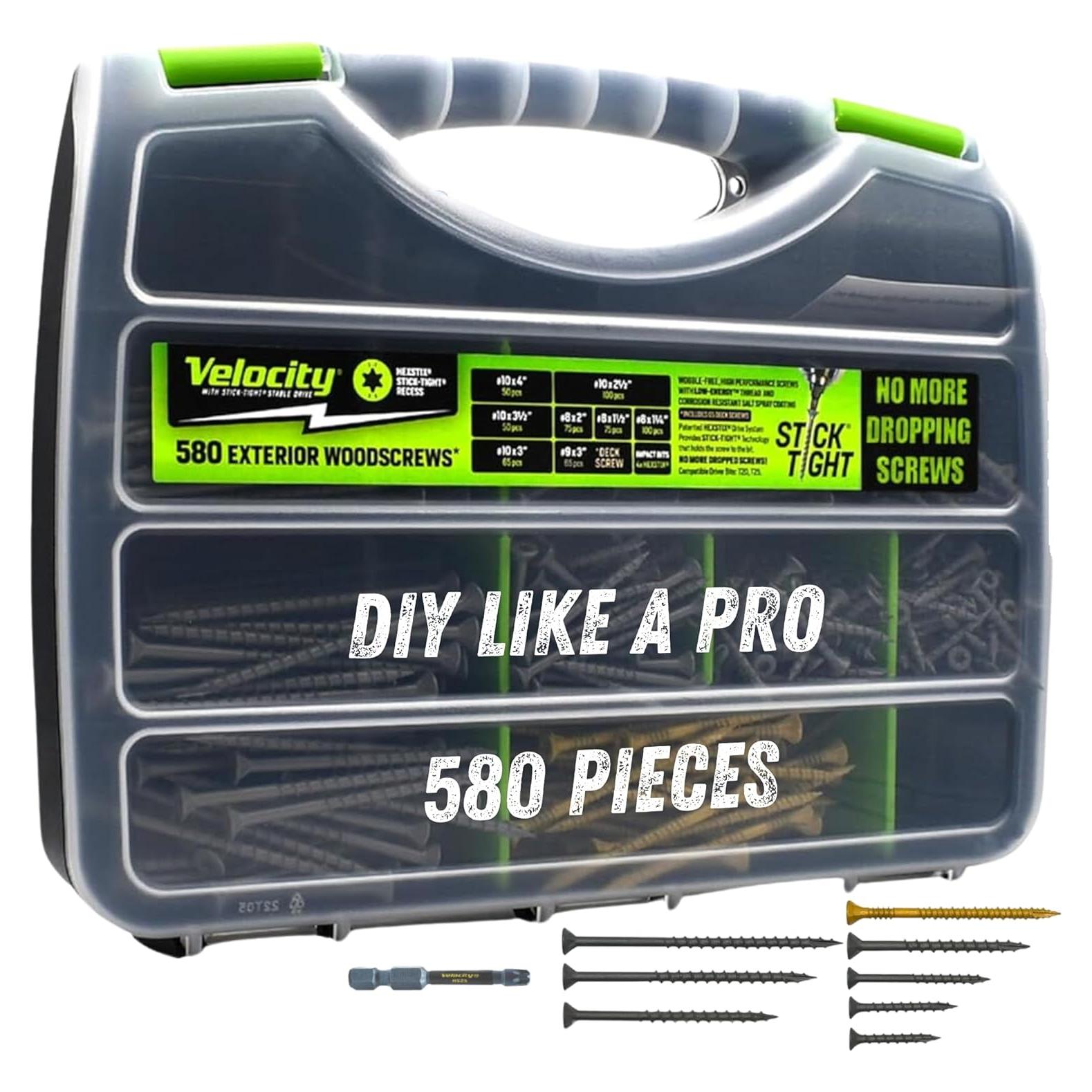 Kit de Tornillos de Madera Velocity - 580 Piezas con Bits y Organizador