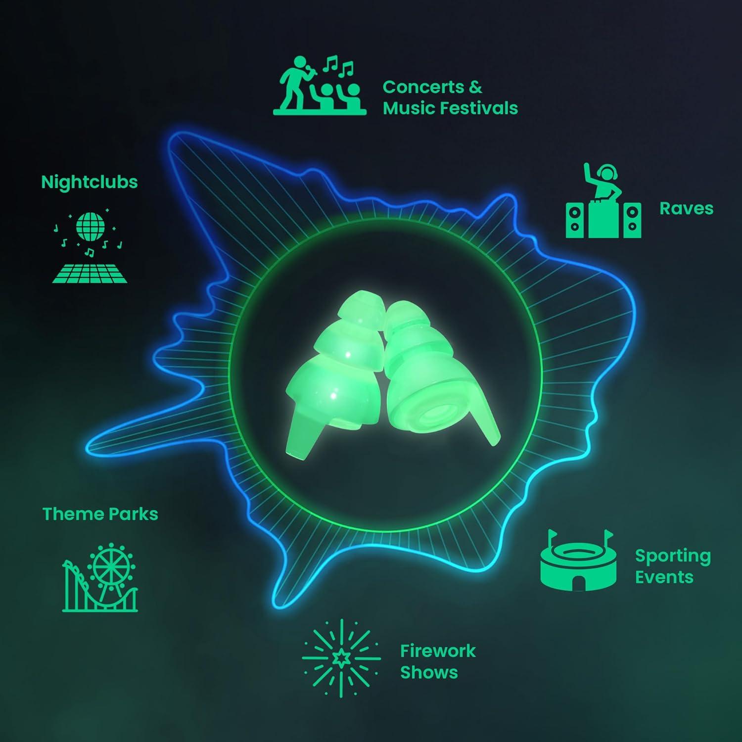 Tapones para oídos Eargasm Afterglow - Reutilizables, brillan en la oscuridad, reducción de ruido 21 dB