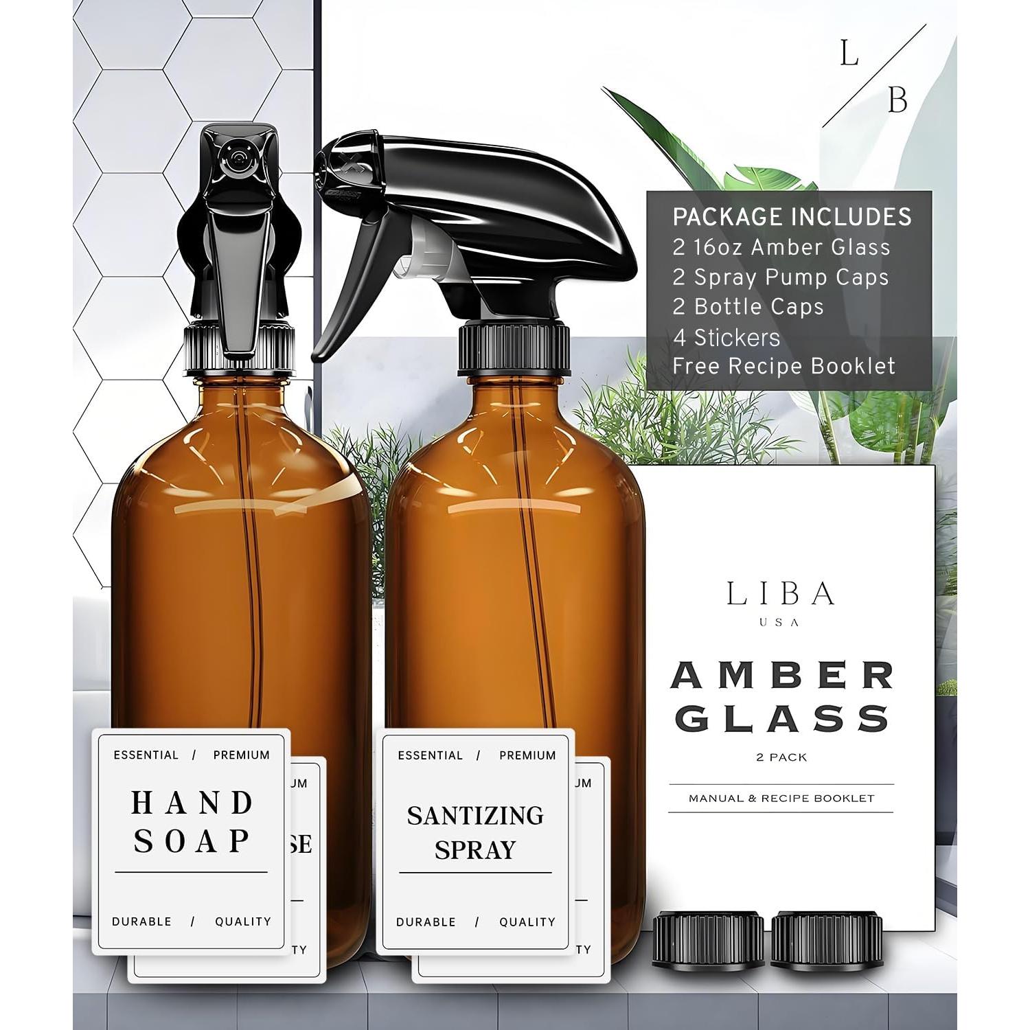 Botellas de Spray de Vidrio Ámbar LiBa 2 Pack 0.47L Reutilizables