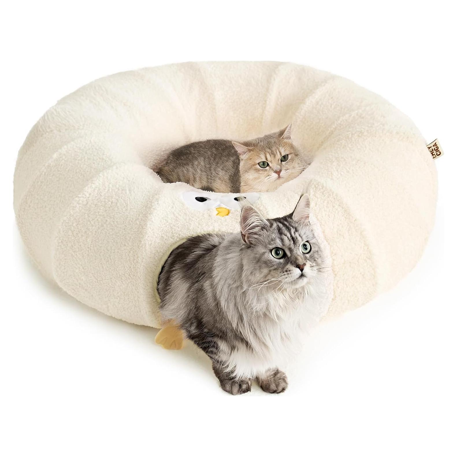 Túnel Cama para Gatos EHEYCIGA Beige 2 en 1 con Cojín Lavable