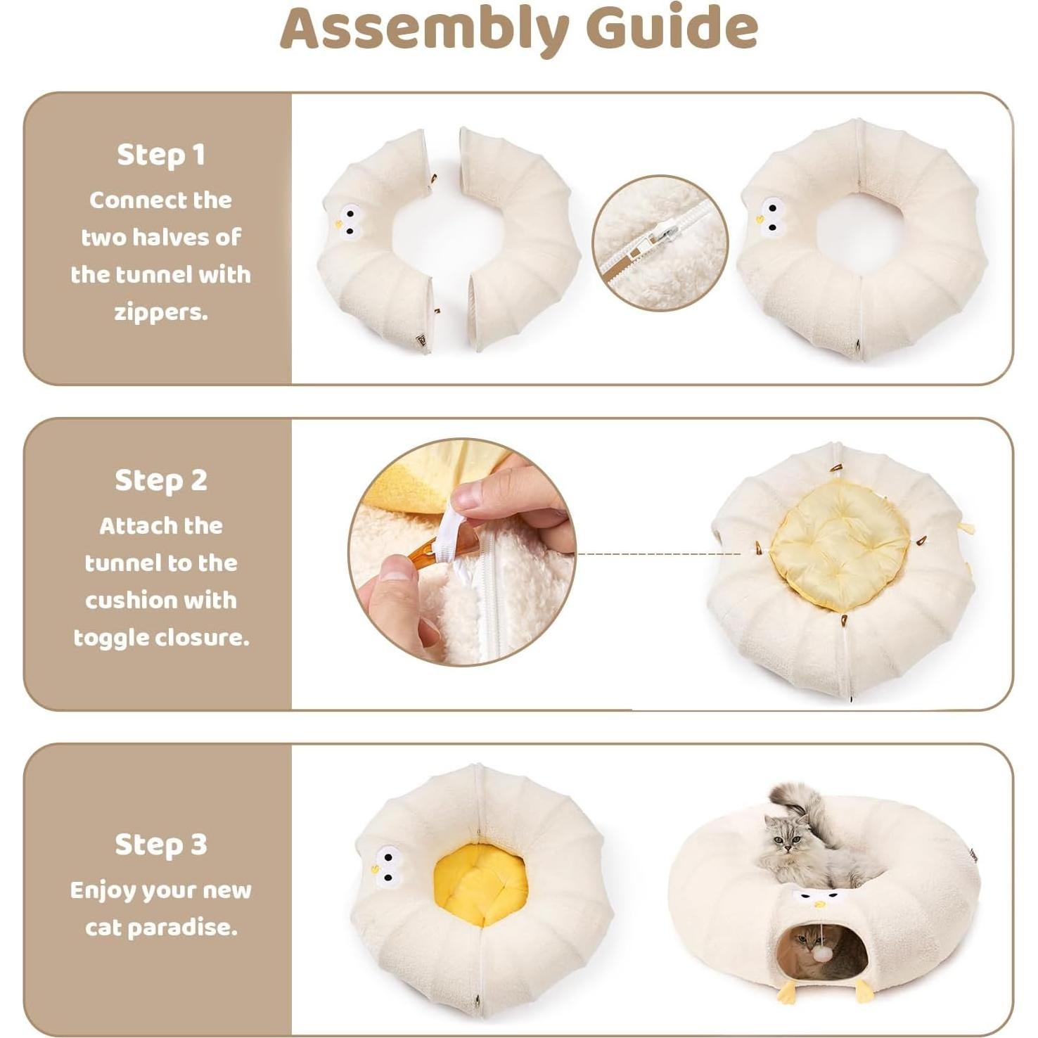 Túnel Cama para Gatos EHEYCIGA Beige 2 en 1 con Cojín Lavable