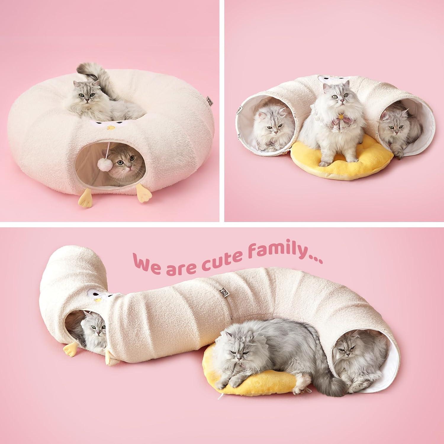 Túnel Cama para Gatos EHEYCIGA Beige 2 en 1 con Cojín Lavable