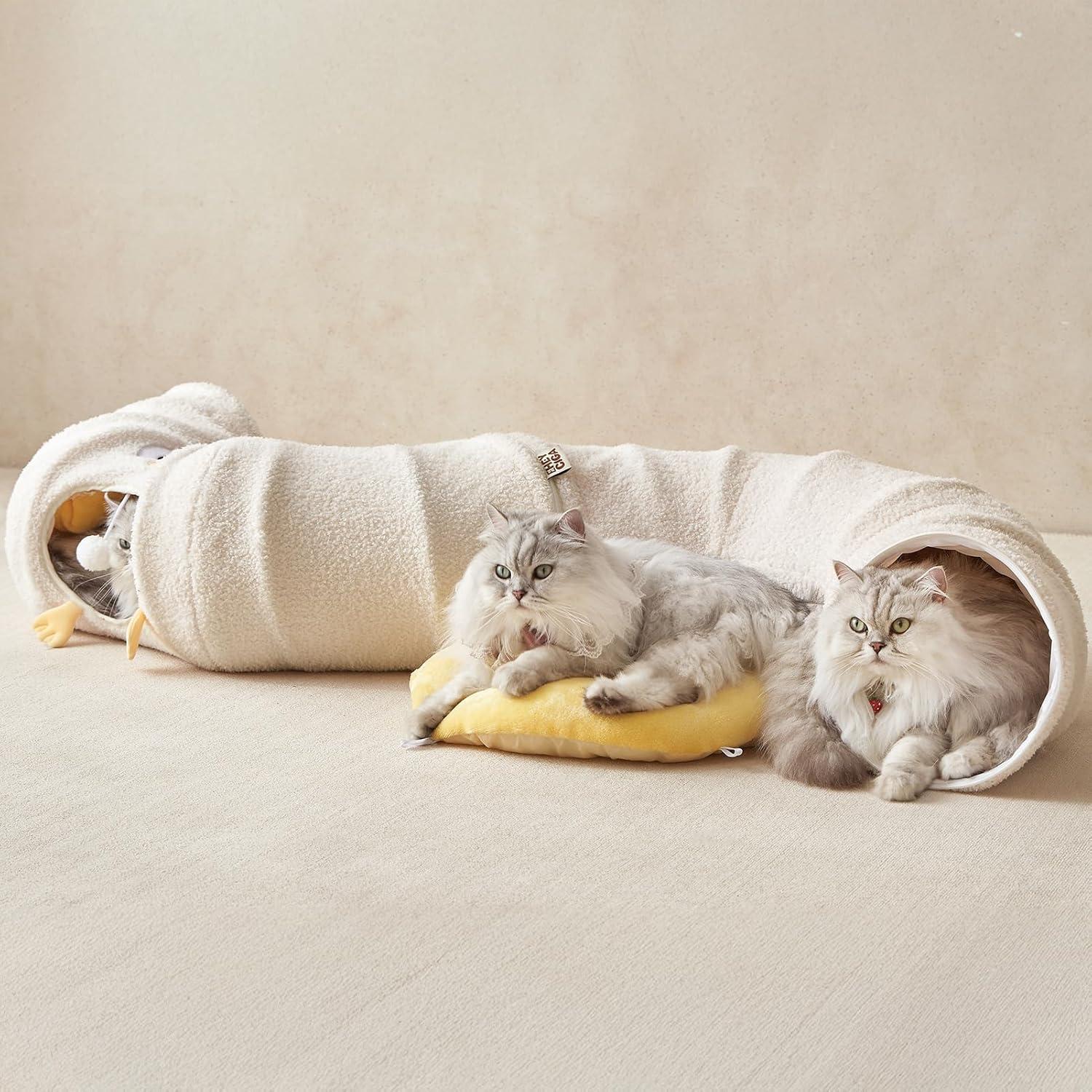 Túnel Cama para Gatos EHEYCIGA Beige 2 en 1 con Cojín Lavable
