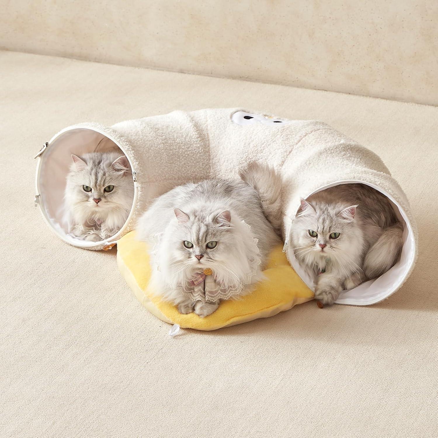 Túnel Cama para Gatos EHEYCIGA Beige 2 en 1 con Cojín Lavable