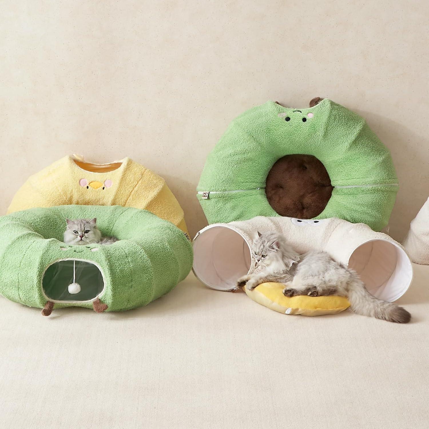 Túnel Cama para Gatos EHEYCIGA Beige 2 en 1 con Cojín Lavable