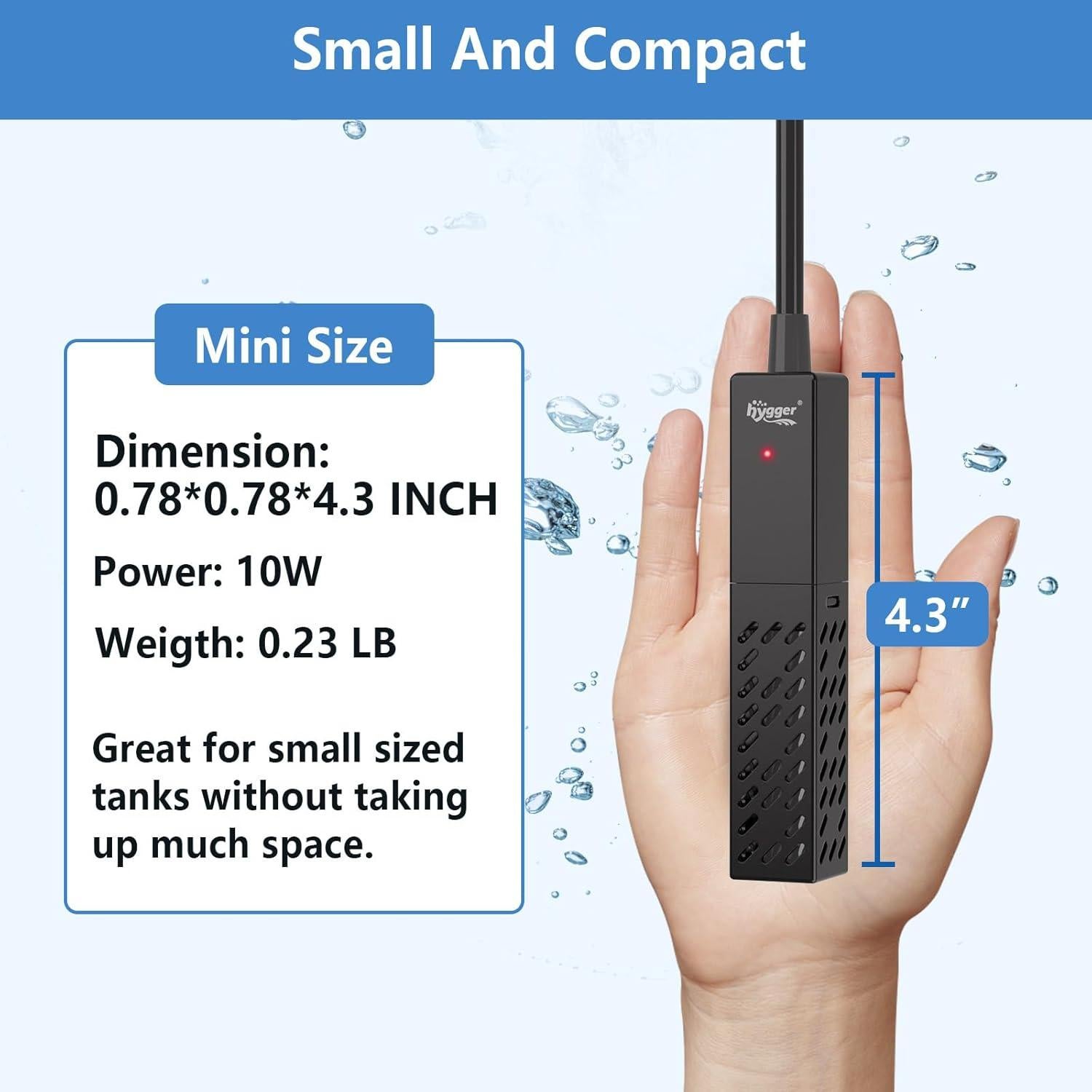 Calentador de Acuario Hygger 10W Cerámica Mini 26°C