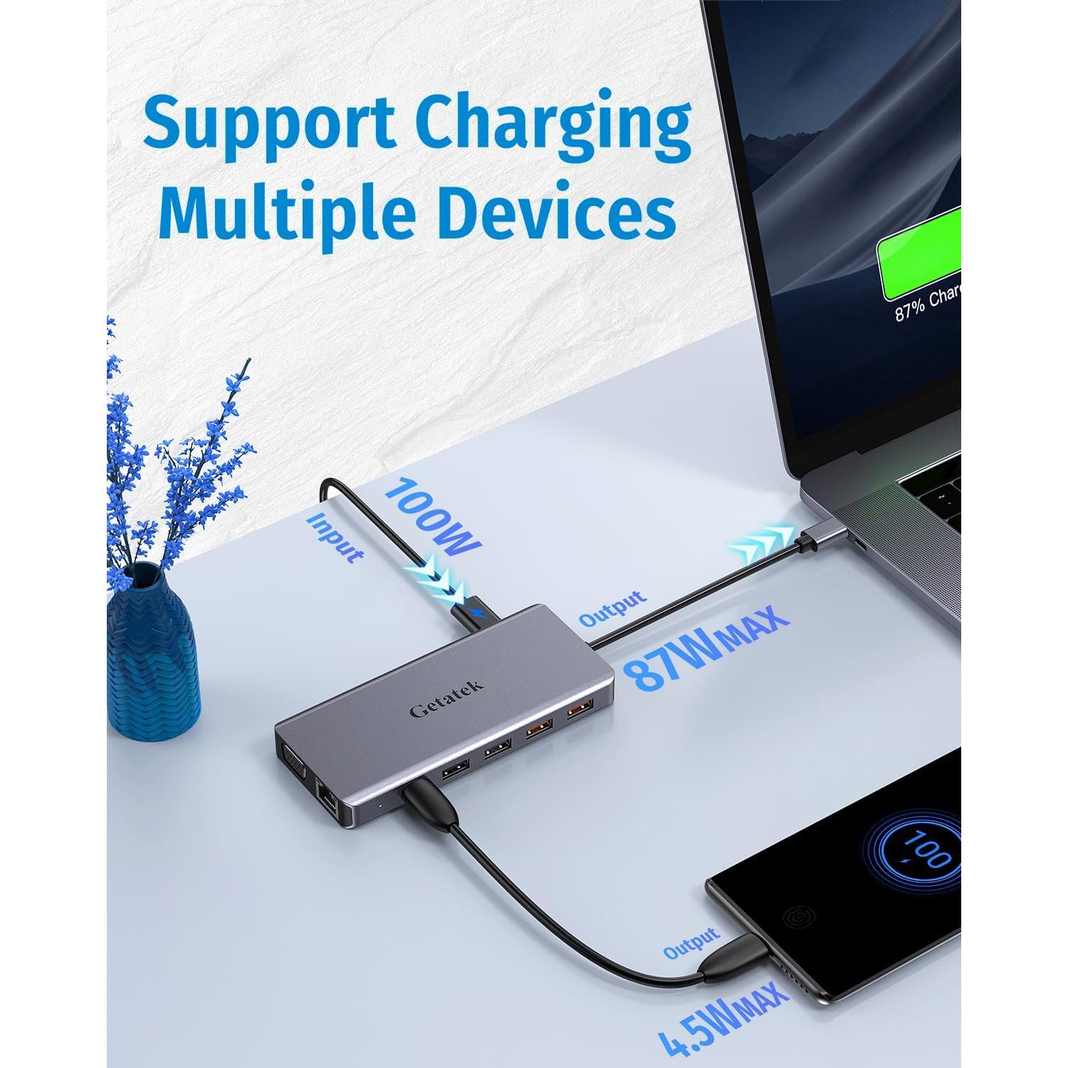 Getatek Estación de Acoplamiento 12-en-1 4K HDMI USB C 100W