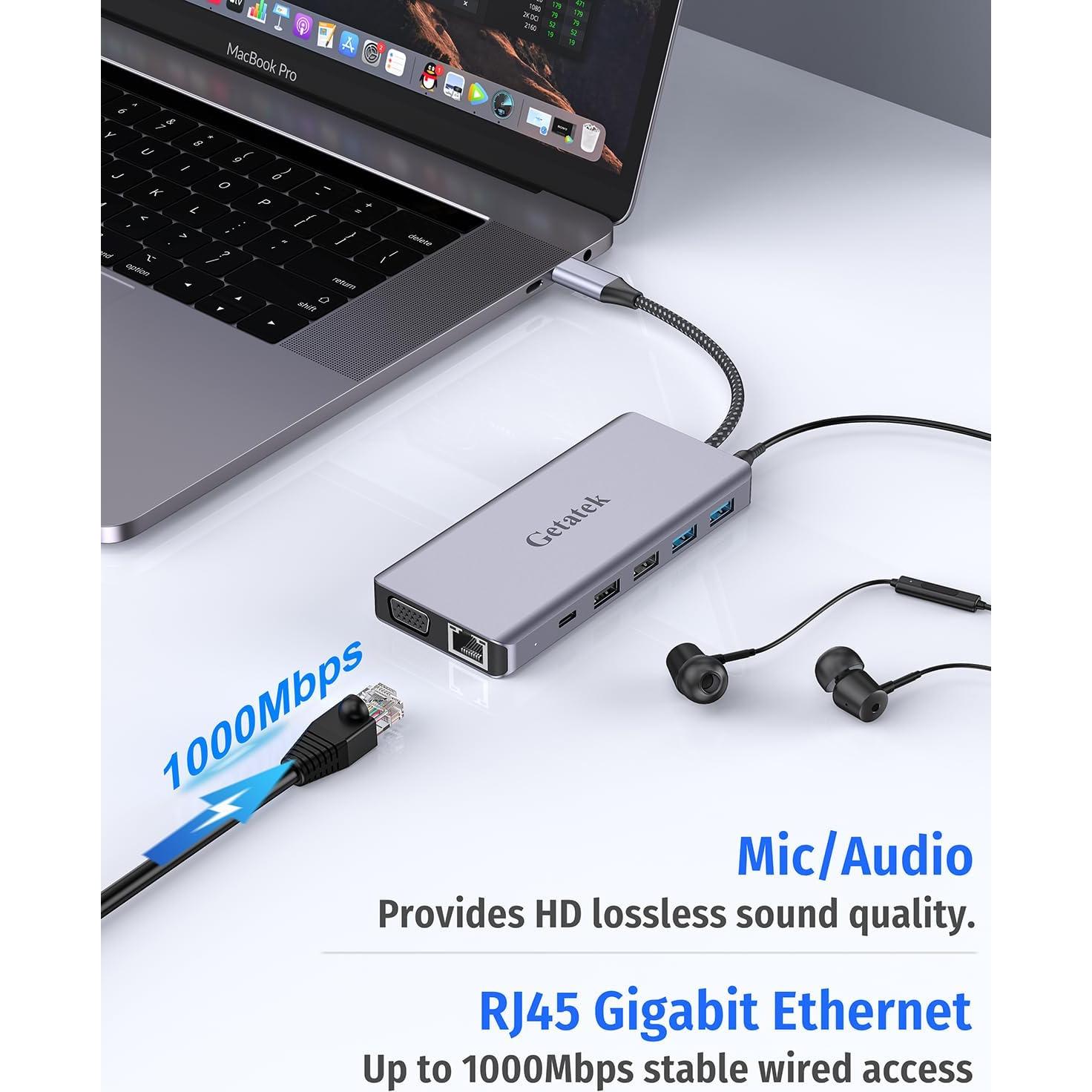 Getatek Estación de Acoplamiento 12-en-1 4K HDMI USB C 100W