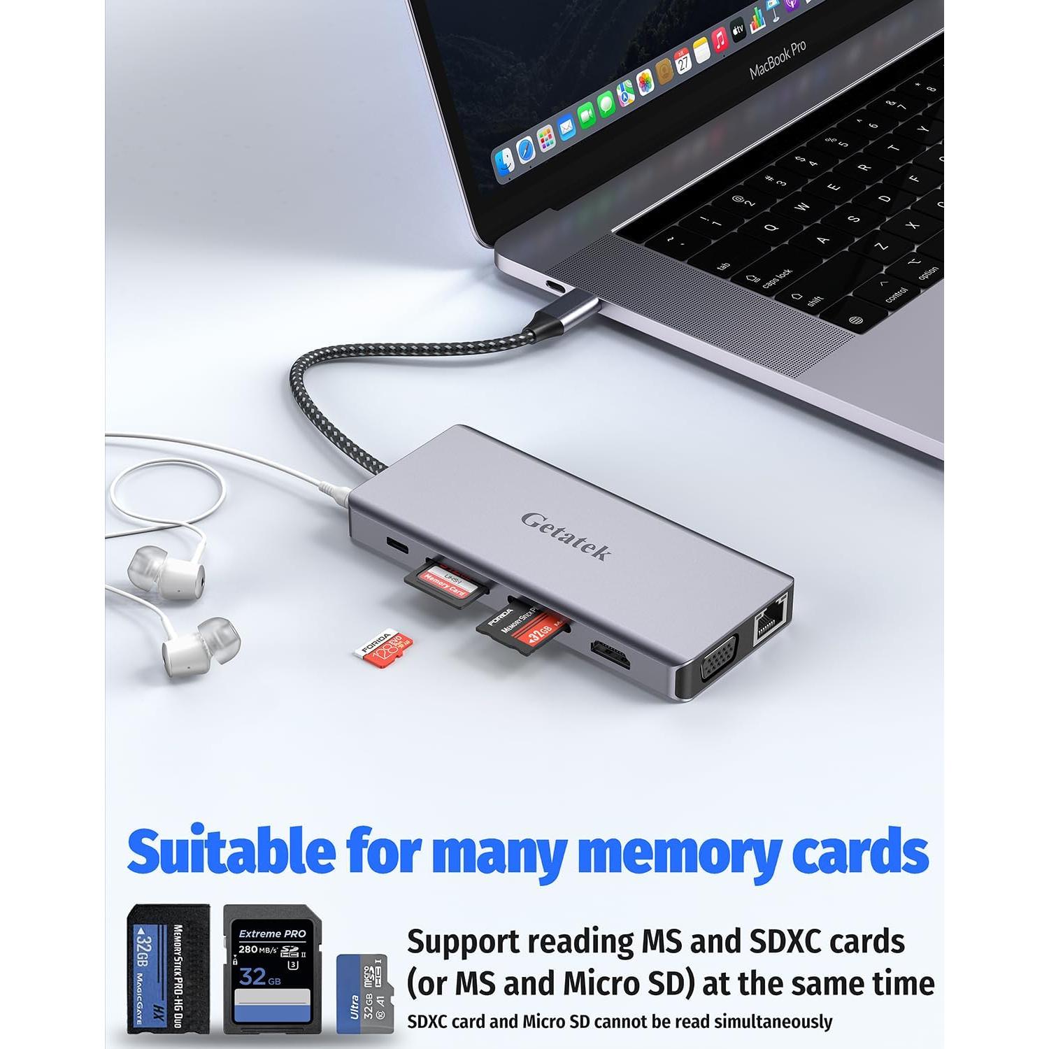 Getatek Estación de Acoplamiento 12-en-1 4K HDMI USB C 100W