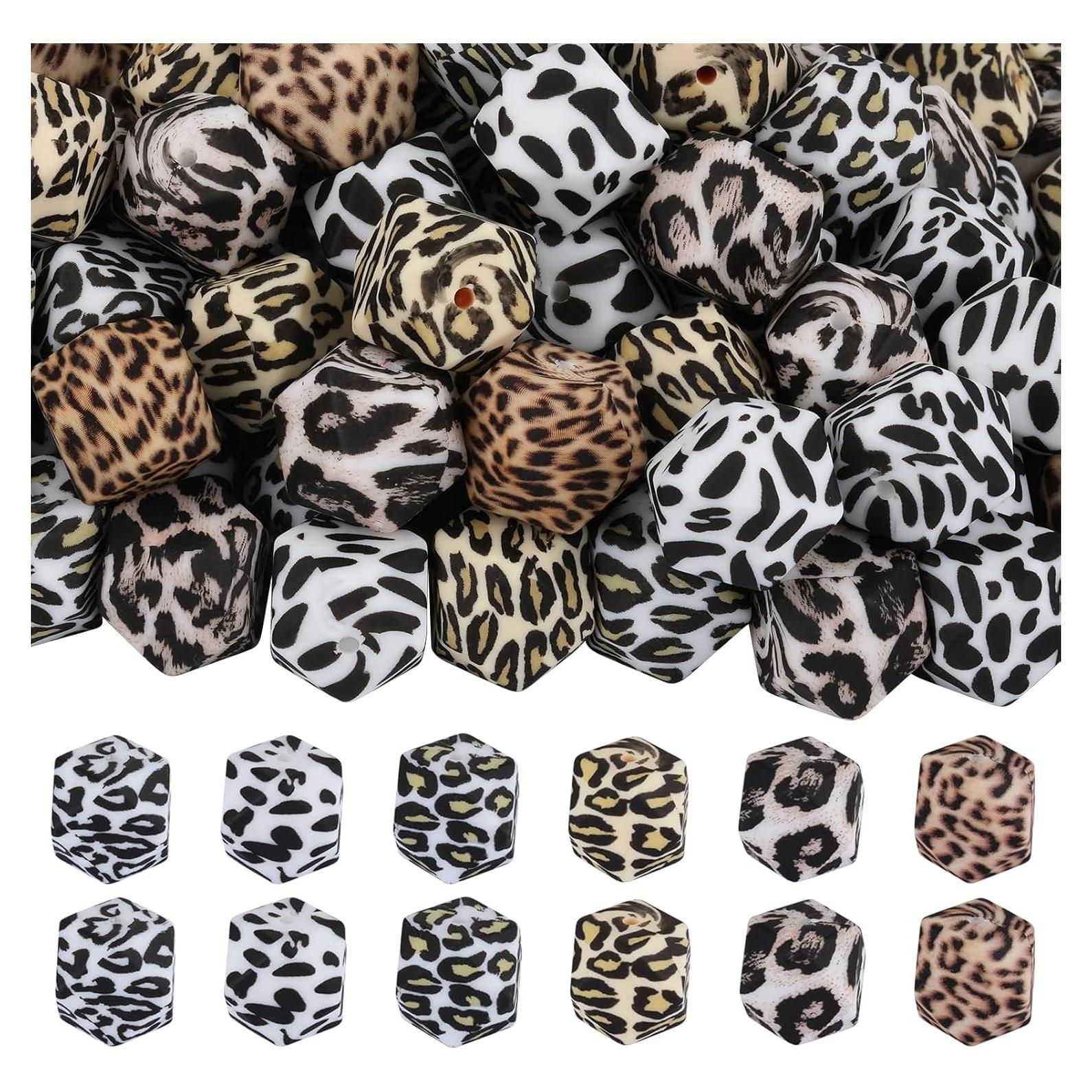 54 Perlas de Silicona Leopardo 14mm Hexagonales para Joyería
