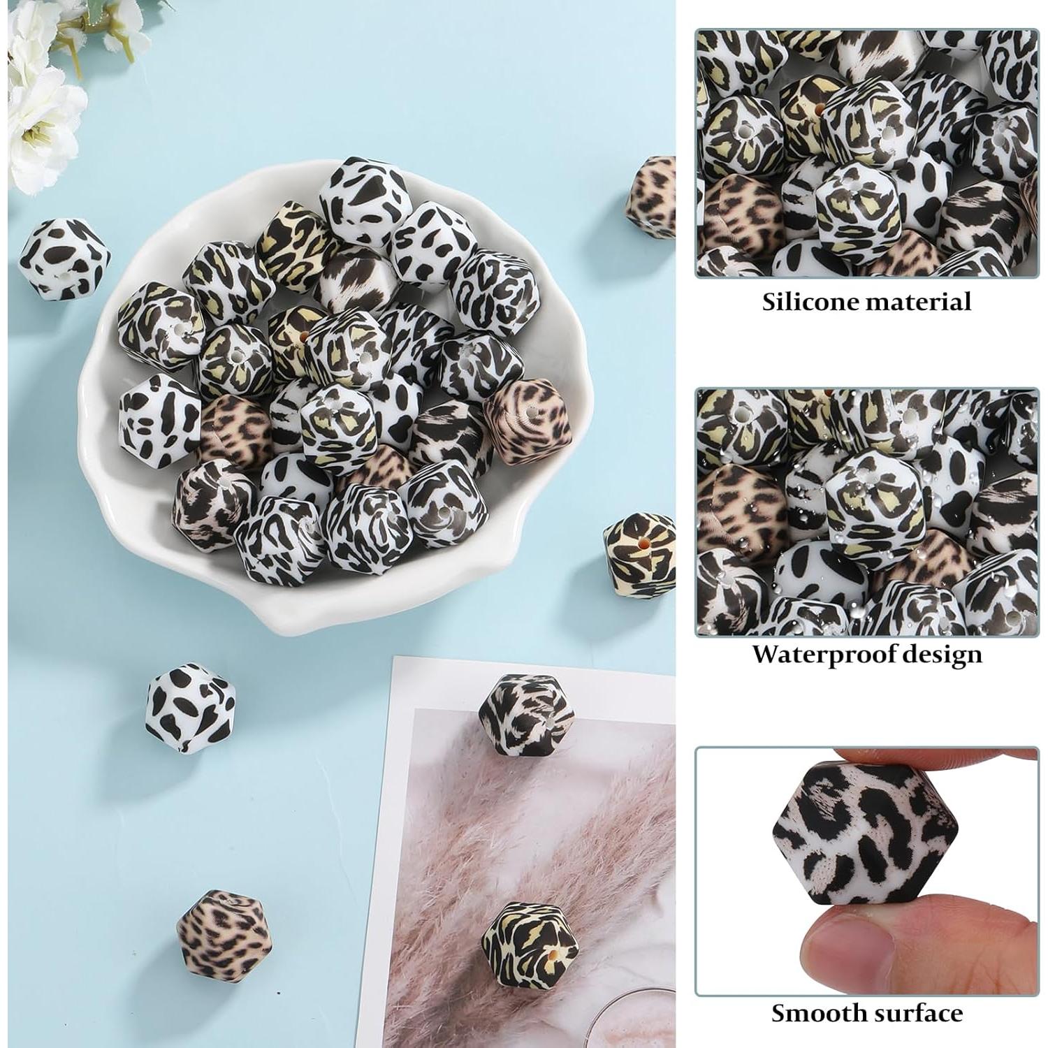 54 Perlas de Silicona Leopardo 14mm Hexagonales para Joyería
