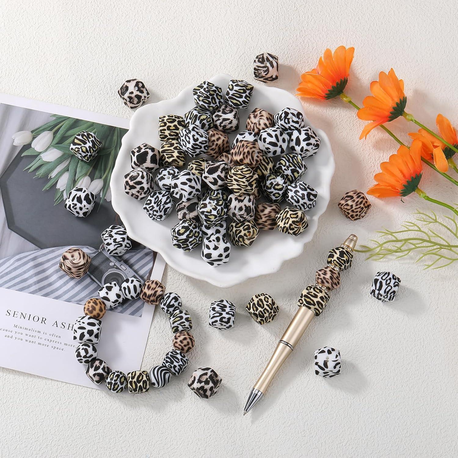 54 Perlas de Silicona Leopardo 14mm Hexagonales para Joyería