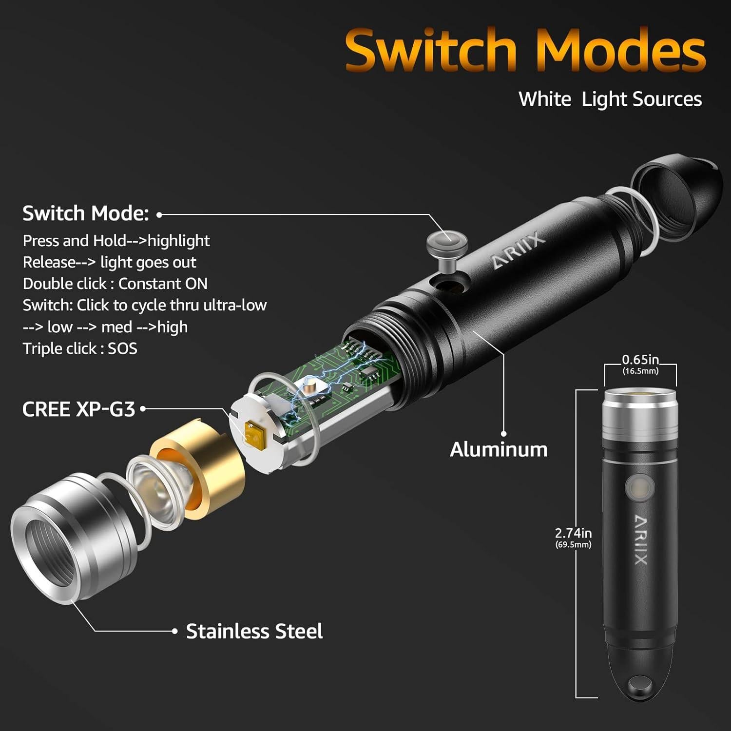 Linterna LED Mini EDC ARIIX Bullet A1 650 Lúmenes Recargable