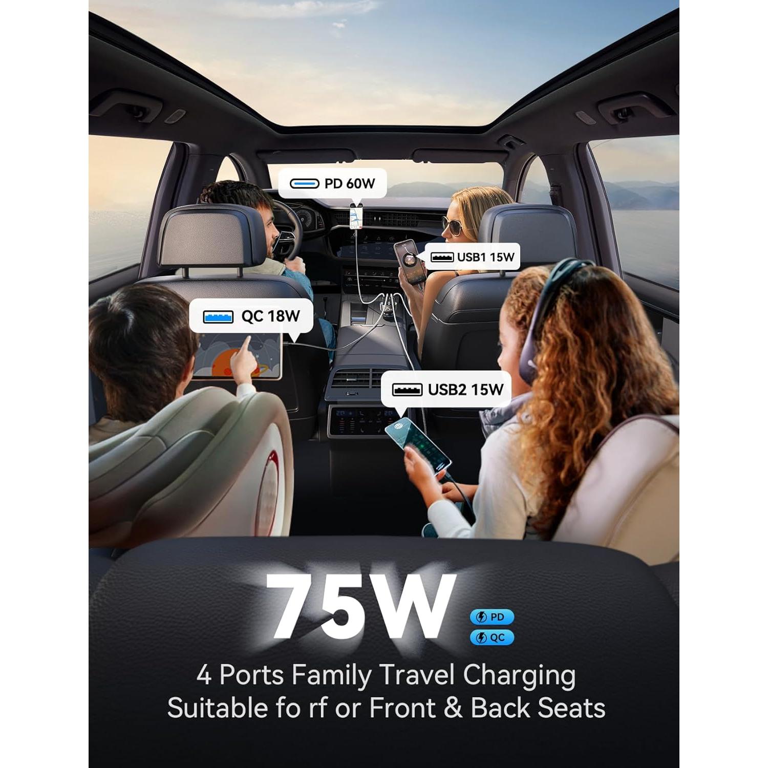Cargador de Coche USB C 75W 4 Puertos FLYLEAD Rápido