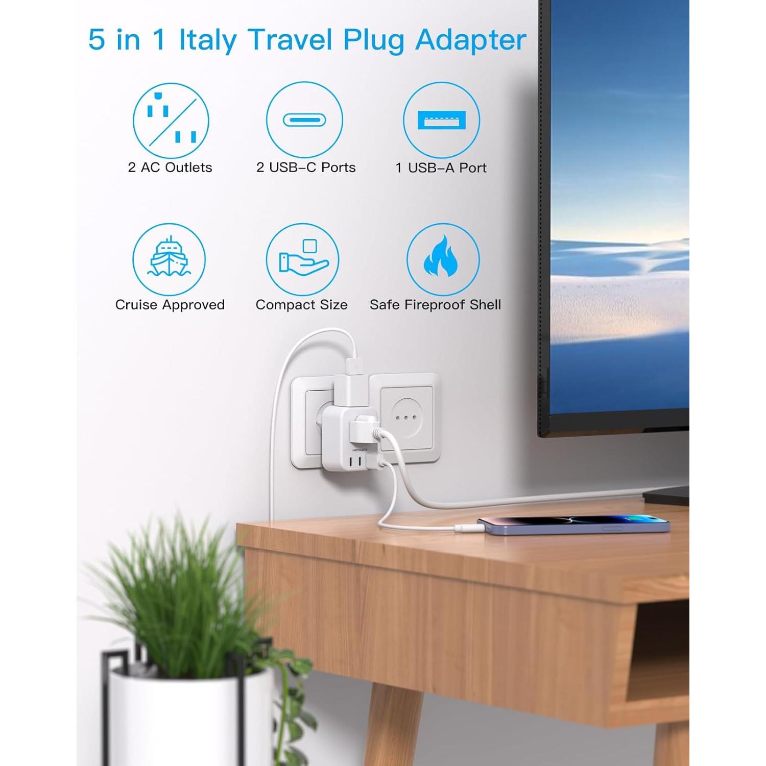 Adaptador de Enchufe de Viaje Tipo L HANYCONY 2 Salidas USB-C