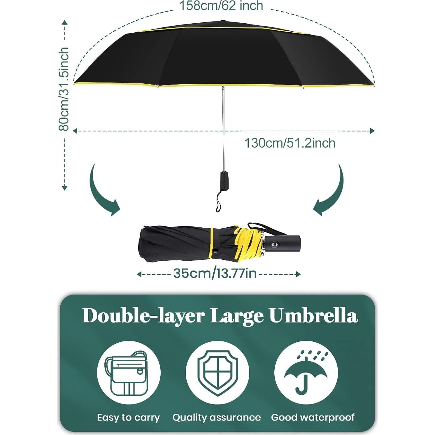 Paraguas de Golf Kalolary 130 cm Automático Plegable Negro