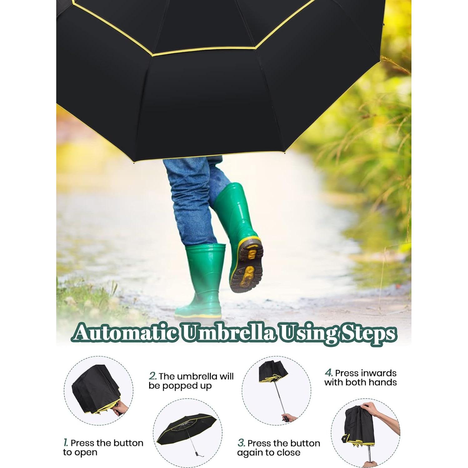 Paraguas de Golf Kalolary 130 cm Automático Plegable Negro