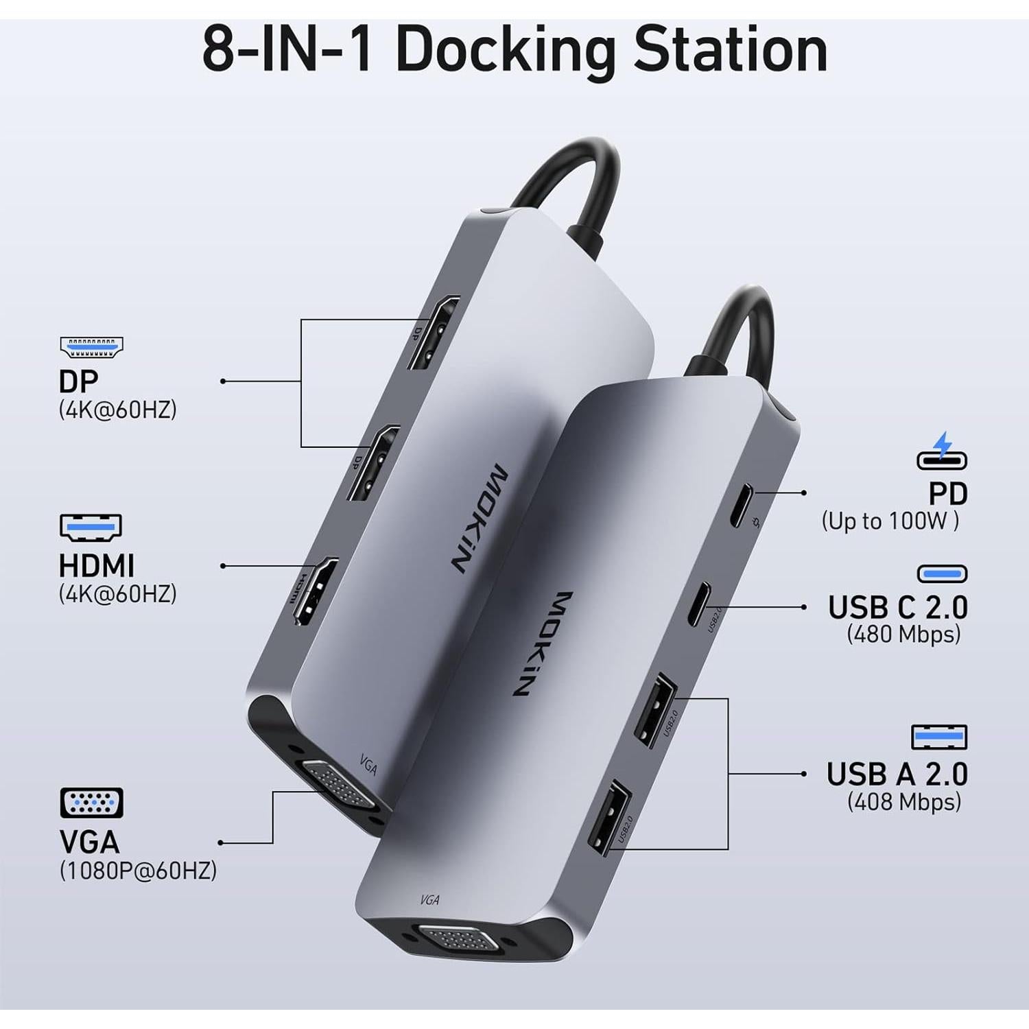 Hub USB C 8 en 1 C-Smartlink Doble DisplayPort 4K