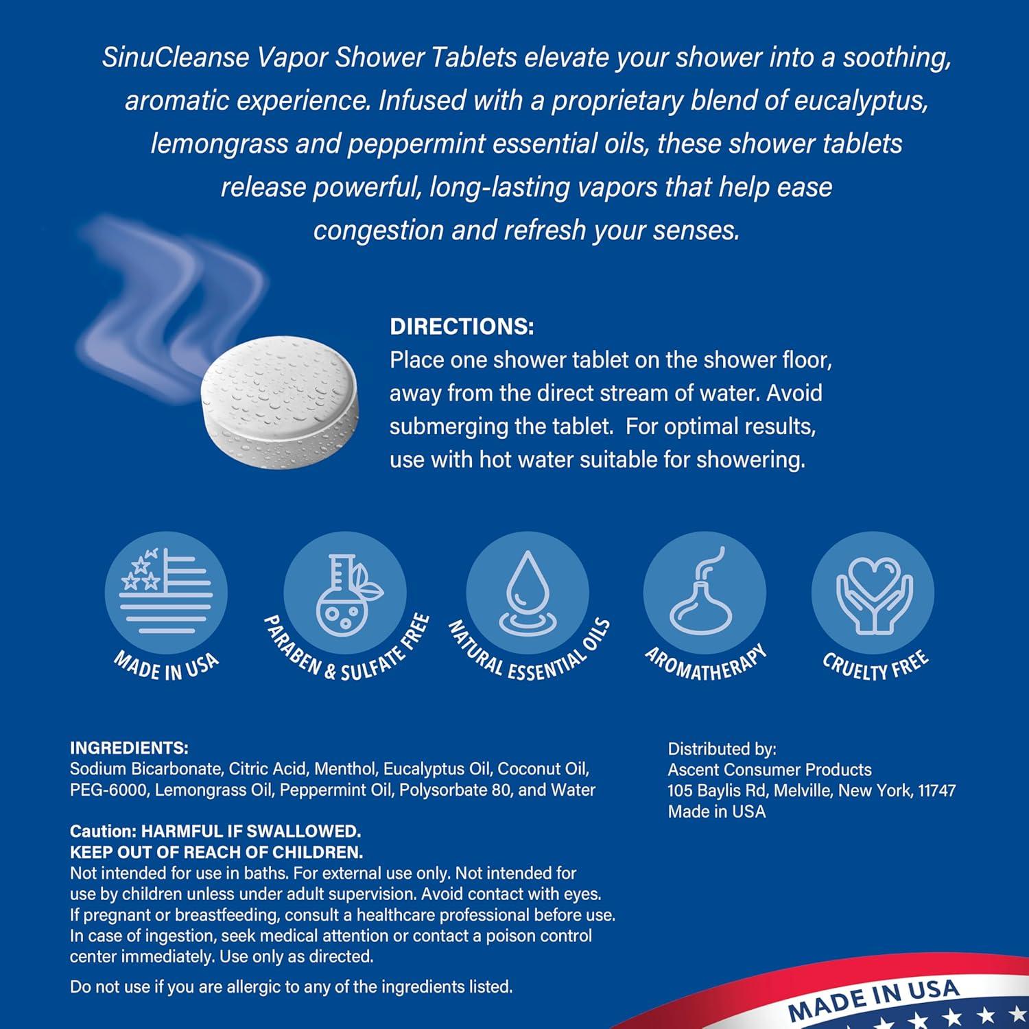 Sinucleanse Vapor Shower Steamers, All Natural Lemongrass, Eucalyptus & Mint Aromatherapy, 12 Extra Large Vapor Shower Tablets, Relaxation and Spa Gifts for Women and Men, Made in USA