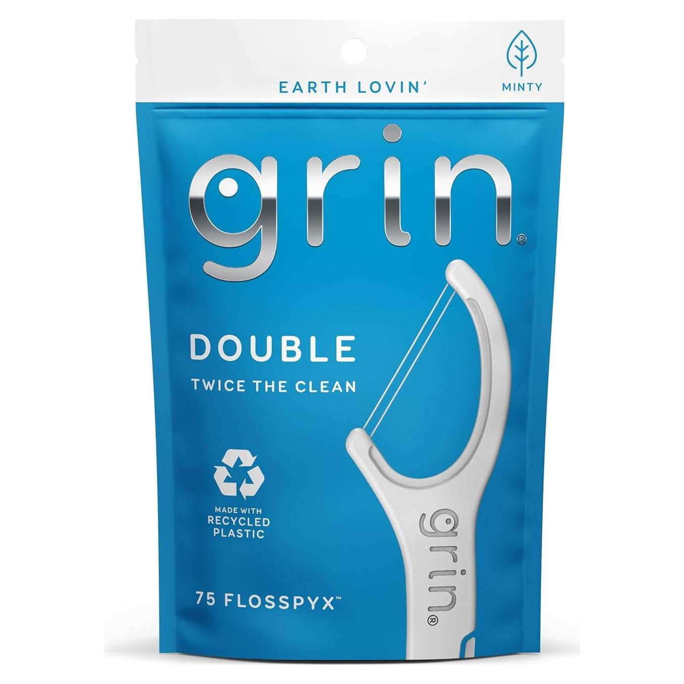 GRIN Double Flosspyx, Floss Picks, 75 Count, Dental Flossers, Minty Flavor, Recycled Plastic, 2 Lines of Strong Floss, Longer Floss Head, Traps Food and Plaque, Includes Safe Soft Fold-Back Tooth Pick