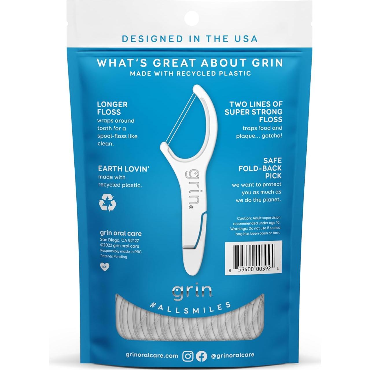 GRIN Double Flosspyx, Floss Picks, 75 Count, Dental Flossers, Minty Flavor, Recycled Plastic, 2 Lines of Strong Floss, Longer Floss Head, Traps Food and Plaque, Includes Safe Soft Fold-Back Tooth Pick
