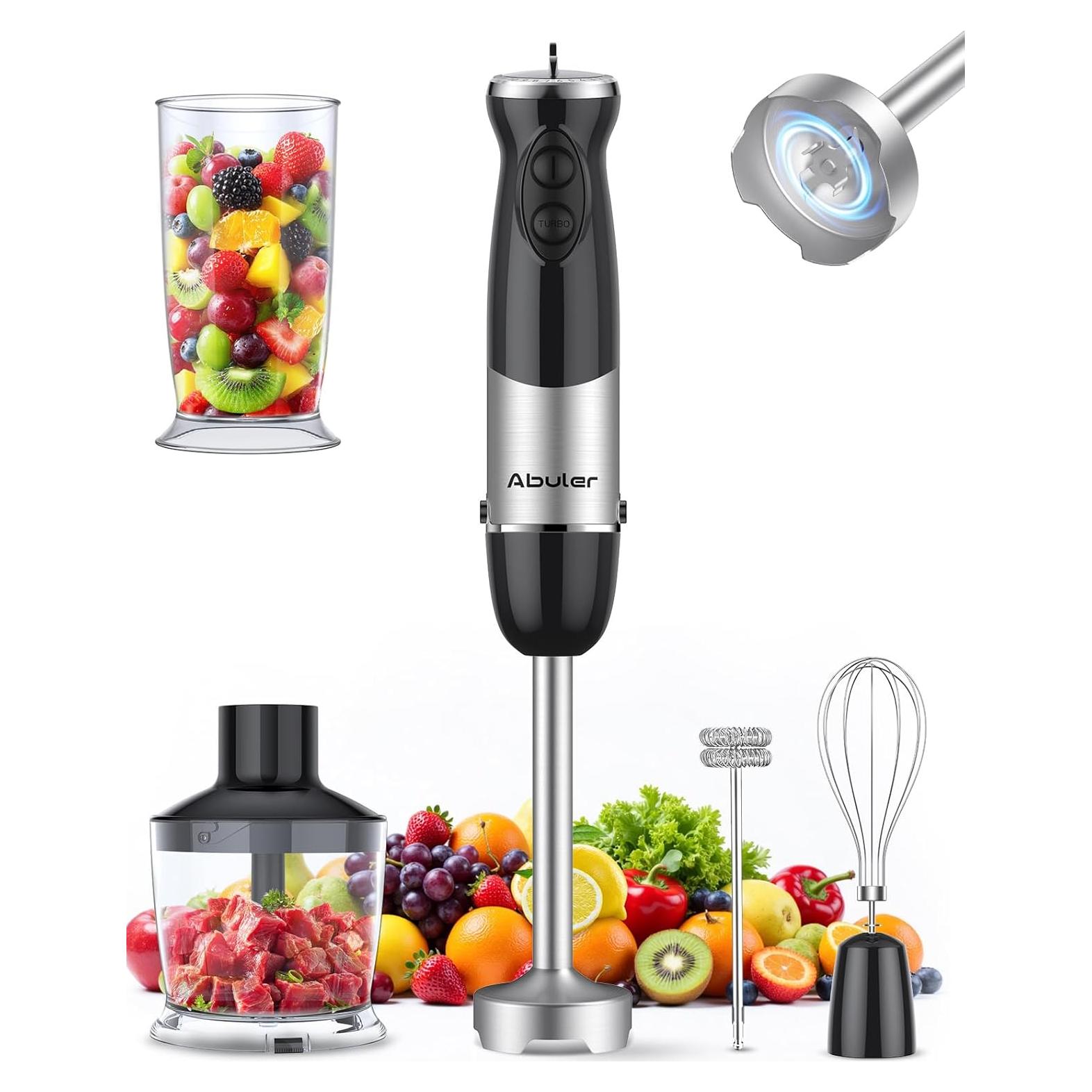 Immersion Blender Handheld 1000W 5 in 1 Corded Stick Hand Blender Kitchen with 12 Speed, BPA-Free, Mixing Beaker, Chopper, Whisk, Milk Frother, Perfect Emulsifier for Soup, Baby Food, Sauce, Puree