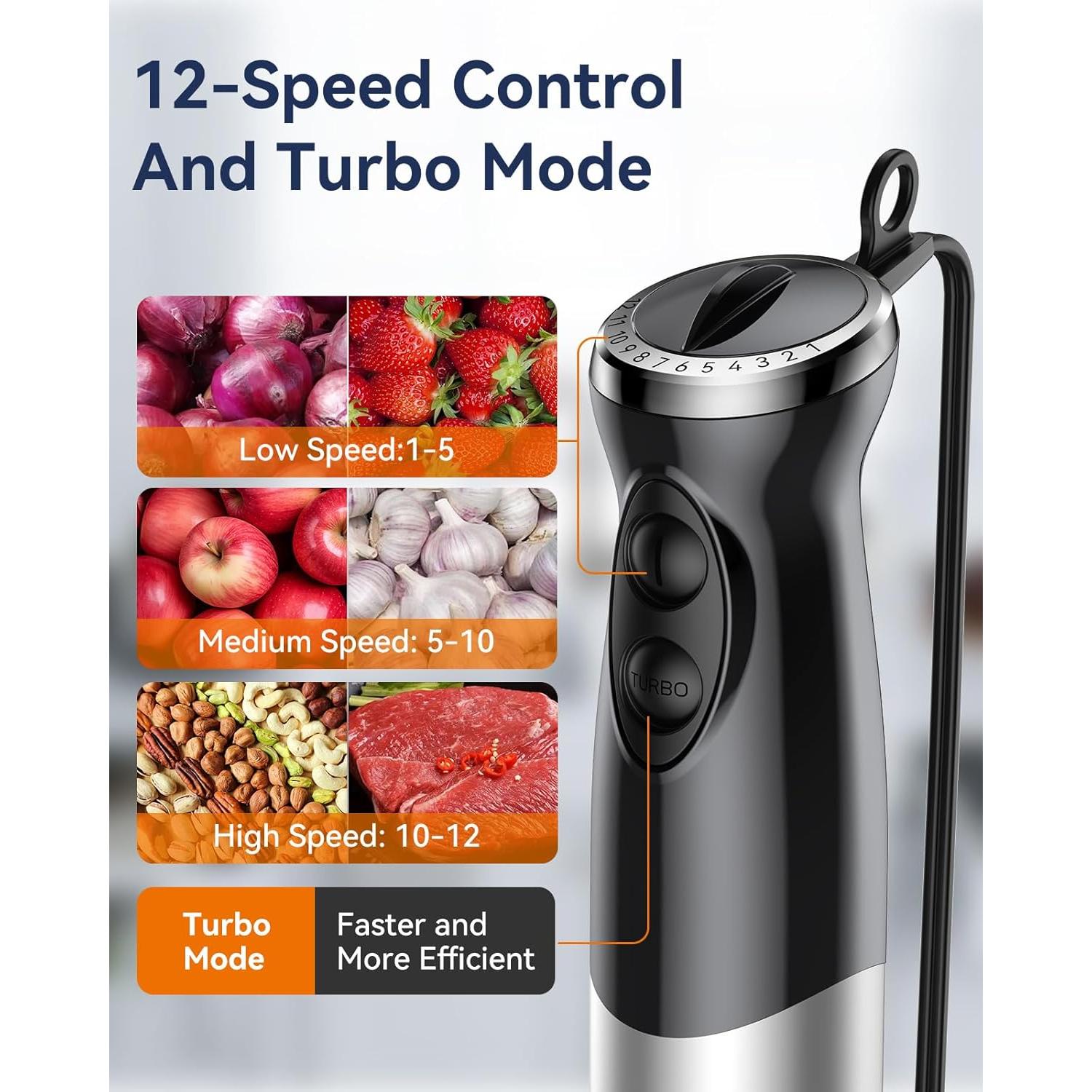 Immersion Blender Handheld 1000W 5 in 1 Corded Stick Hand Blender Kitchen with 12 Speed, BPA-Free, Mixing Beaker, Chopper, Whisk, Milk Frother, Perfect Emulsifier for Soup, Baby Food, Sauce, Puree