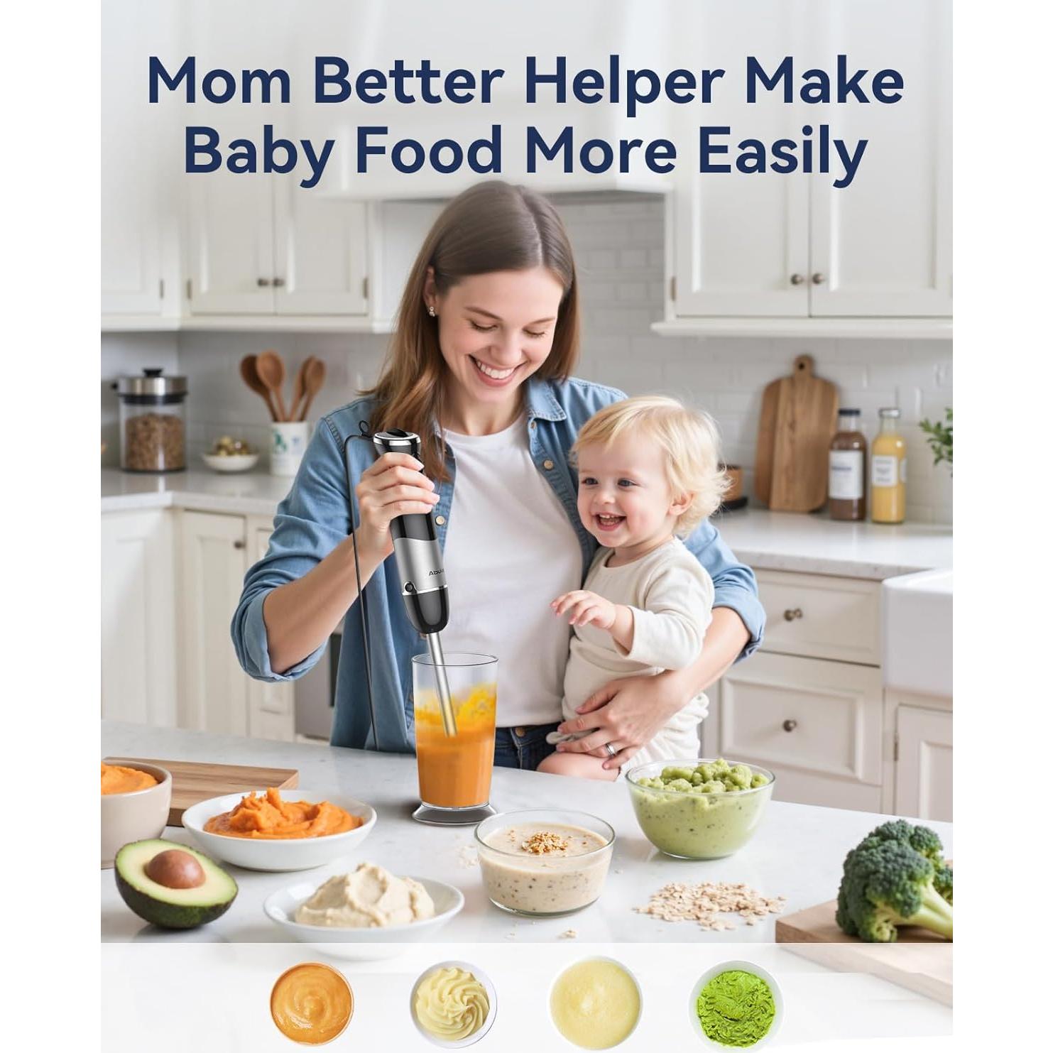 Immersion Blender Handheld 1000W 5 in 1 Corded Stick Hand Blender Kitchen with 12 Speed, BPA-Free, Mixing Beaker, Chopper, Whisk, Milk Frother, Perfect Emulsifier for Soup, Baby Food, Sauce, Puree