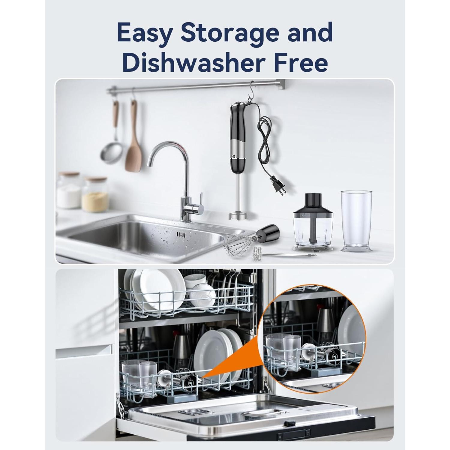 Immersion Blender Handheld 1000W 5 in 1 Corded Stick Hand Blender Kitchen with 12 Speed, BPA-Free, Mixing Beaker, Chopper, Whisk, Milk Frother, Perfect Emulsifier for Soup, Baby Food, Sauce, Puree