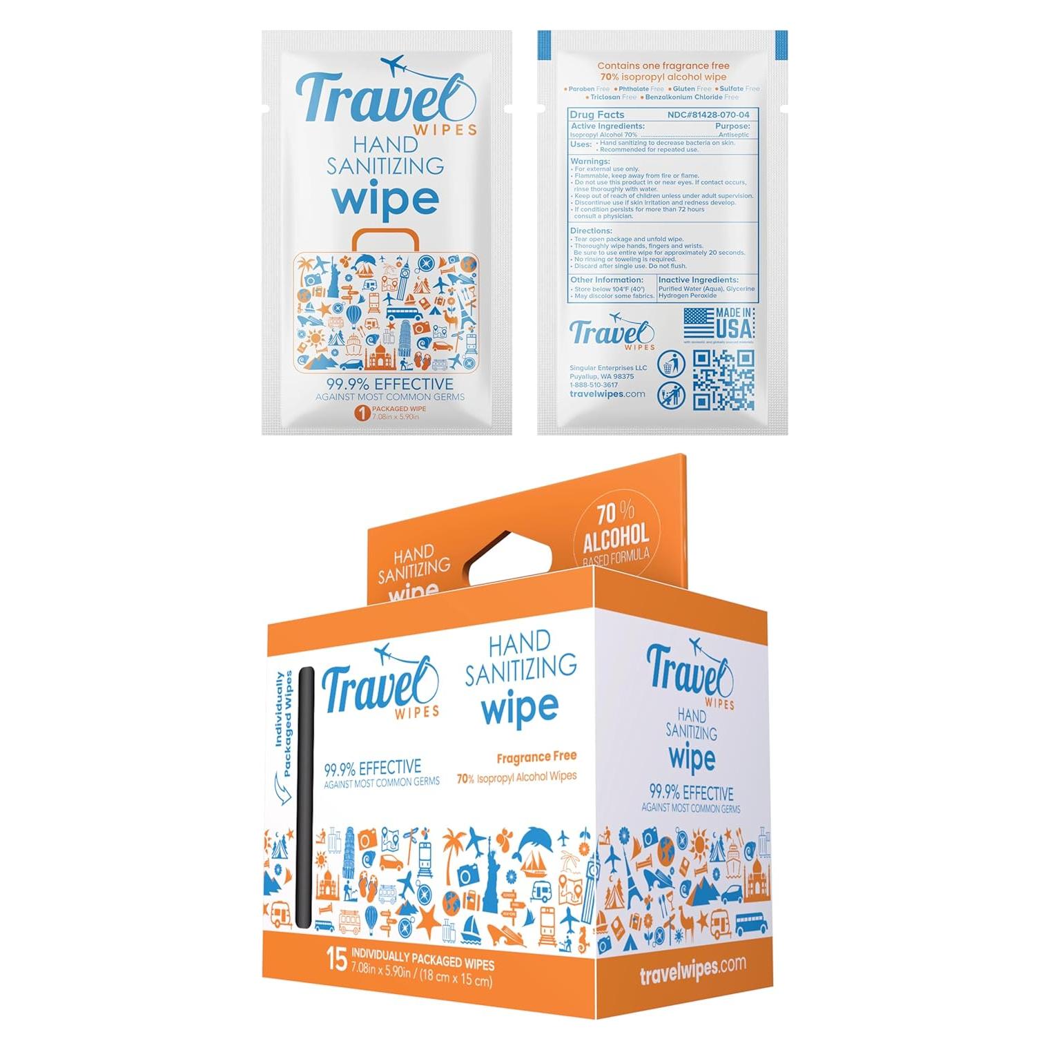 Toallitas Desinfectantes de Manos Viaje 15ct 70% Alcohol