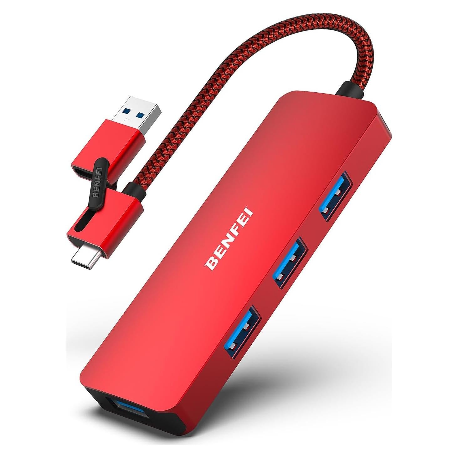 HUB USB 3.0 BENFEI Tipo-A y Tipo-C 4 Puertos Rojo