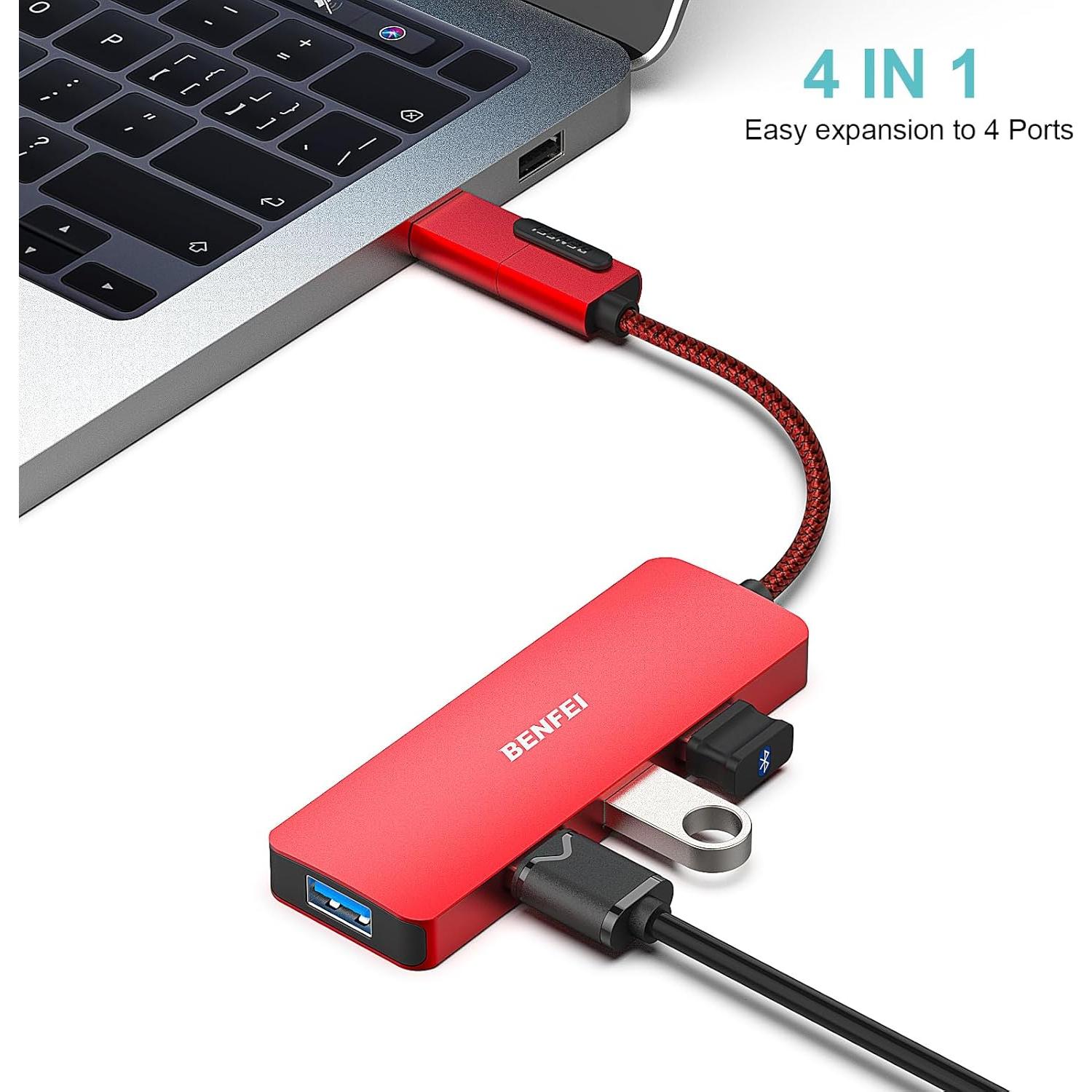 HUB USB 3.0 BENFEI Tipo-A y Tipo-C 4 Puertos Rojo