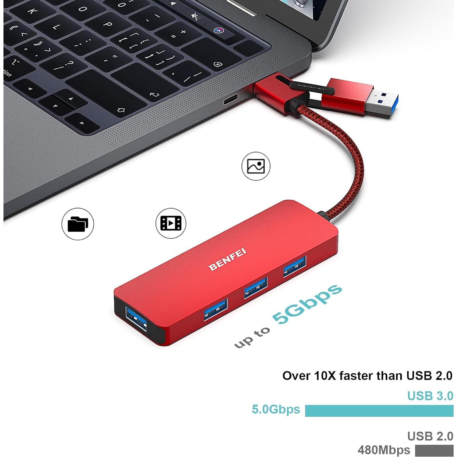 HUB USB 3.0 BENFEI Tipo-A y Tipo-C 4 Puertos Rojo